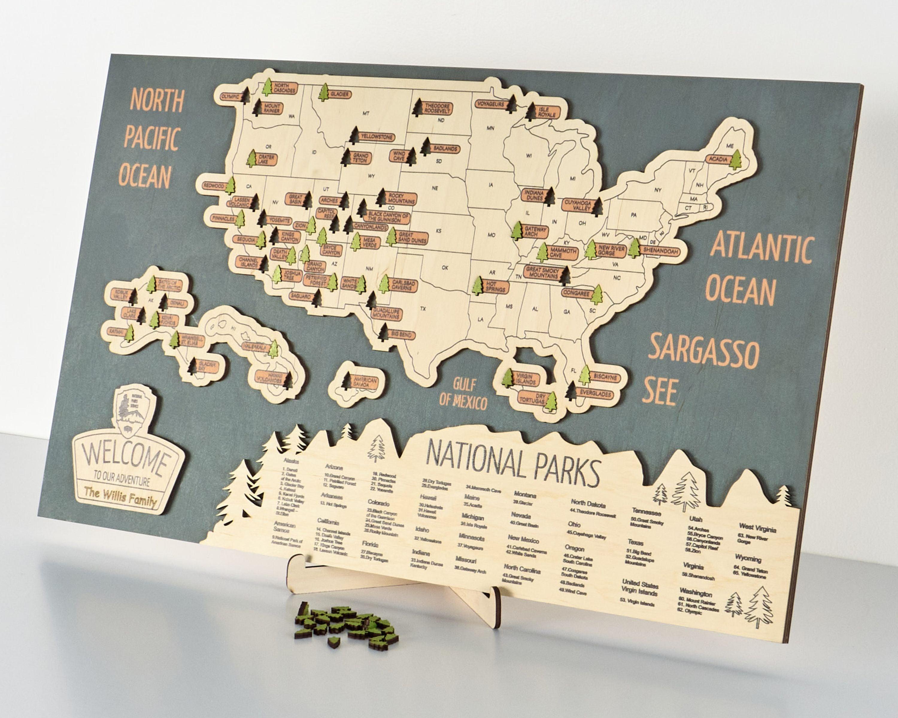 US 3D Wooden National Parks Travel Map With Trees To Record Park Visits (Sea Breeze) - Lemap
