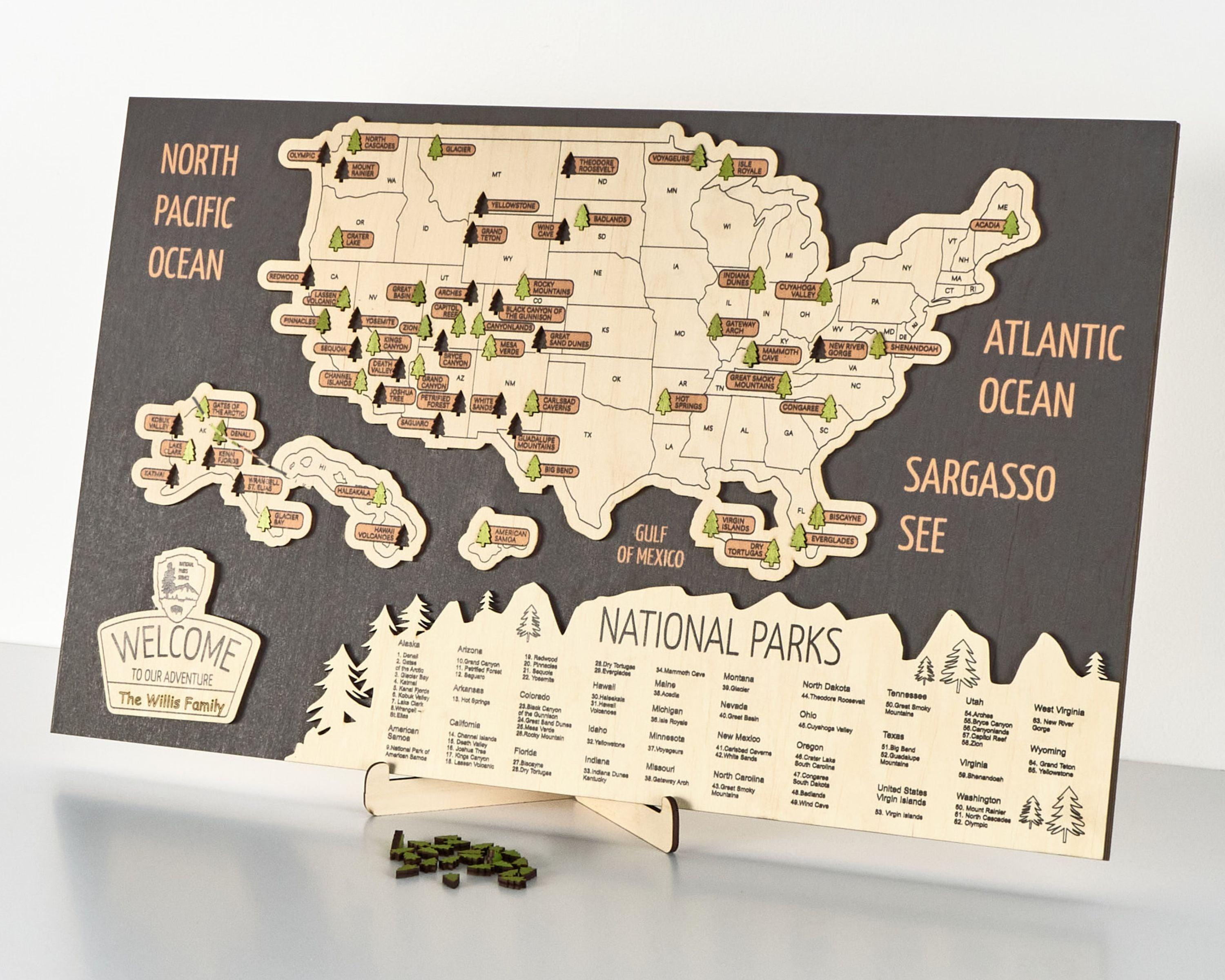 US 3D Wooden National Parks Travel Map With Trees To Record Park Visits (New Dark) - Lemap