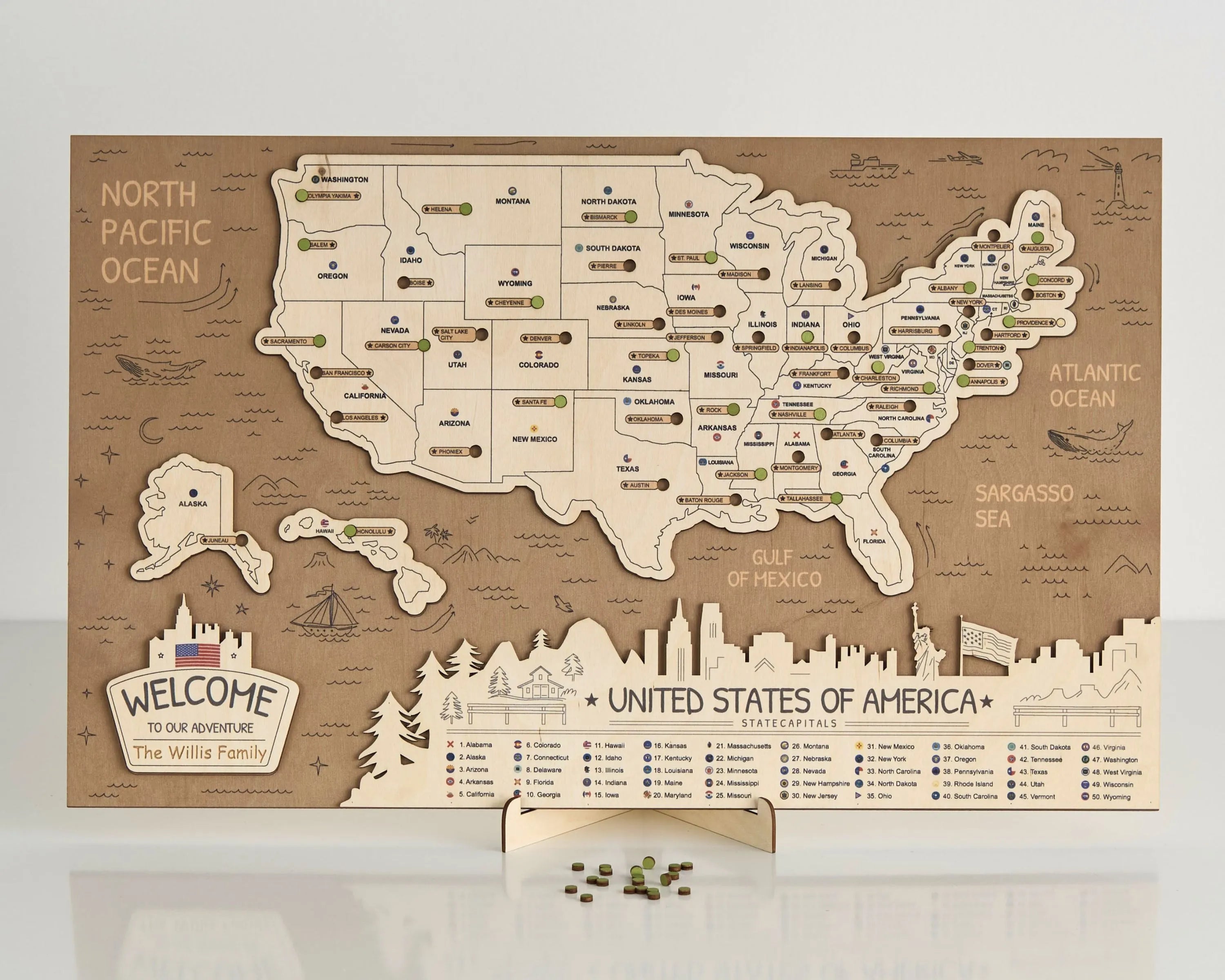 US 3D State Capitals Wooden Travel Map To Record Visits (New Brown)