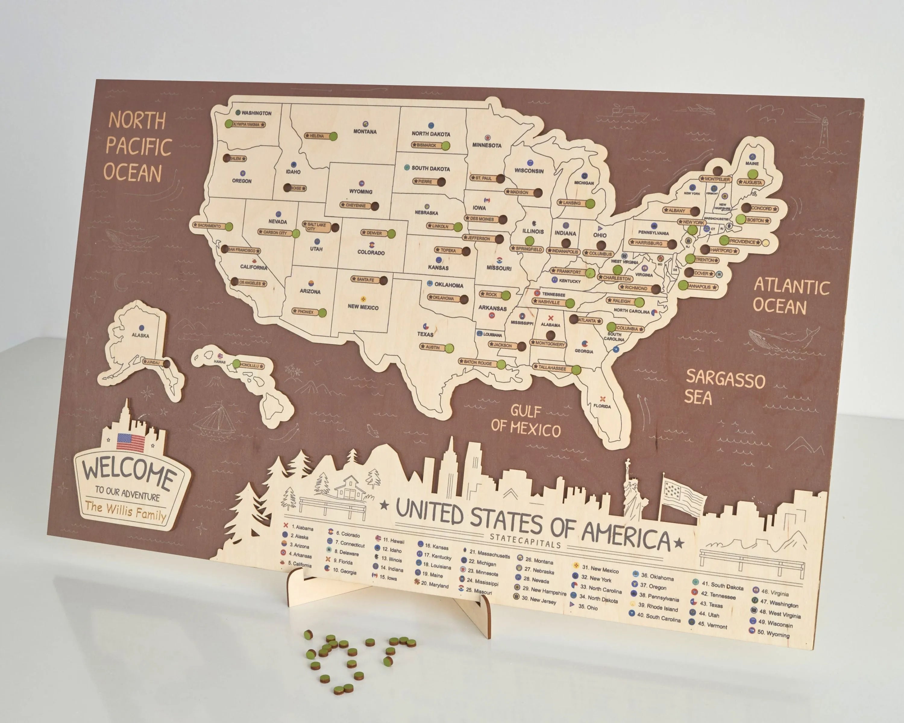 US 3D State Capitals Wooden Travel Map To Record Visits (New Coffee)