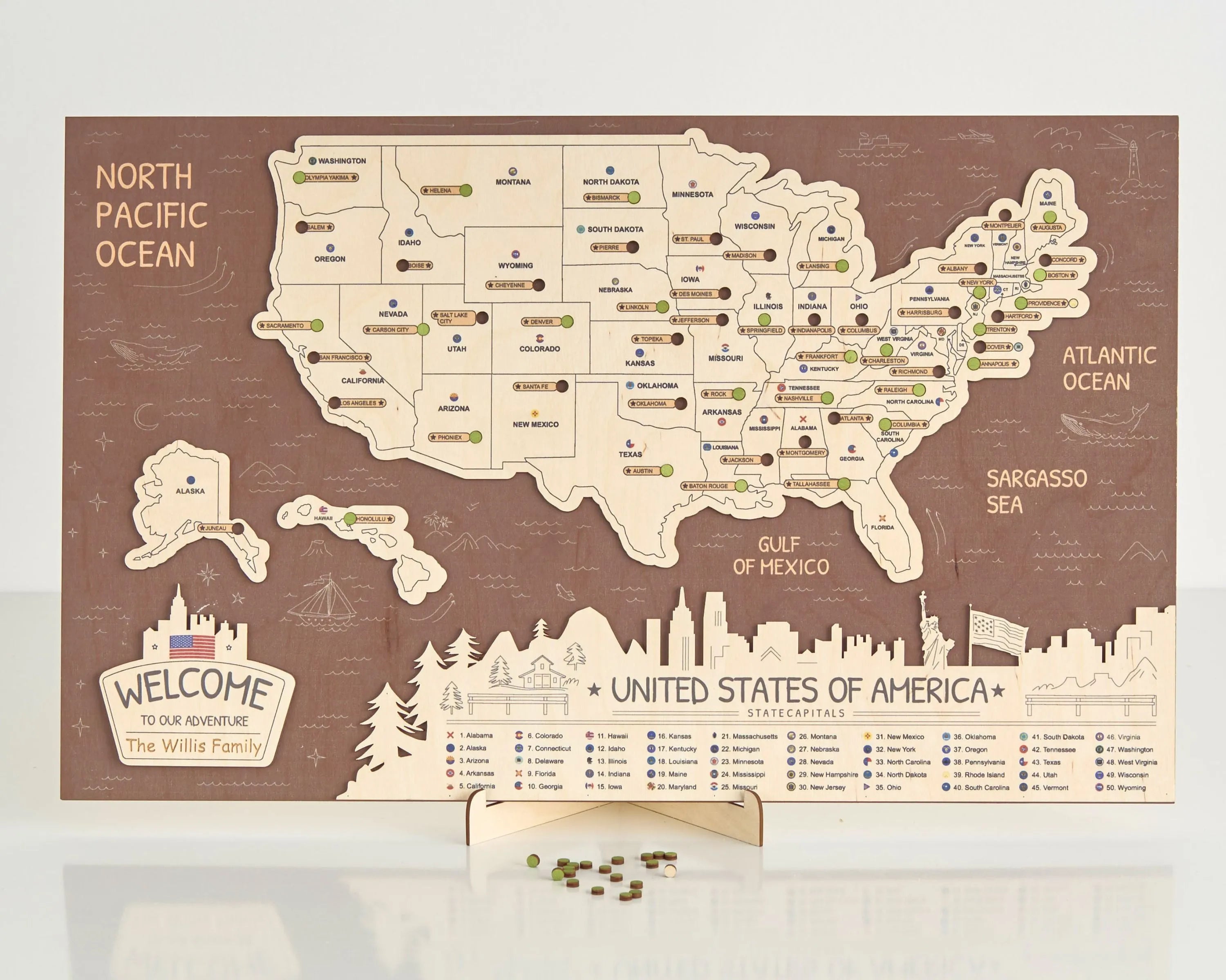 US 3D State Capitals Wooden Travel Map To Record Visits (New Coffee)