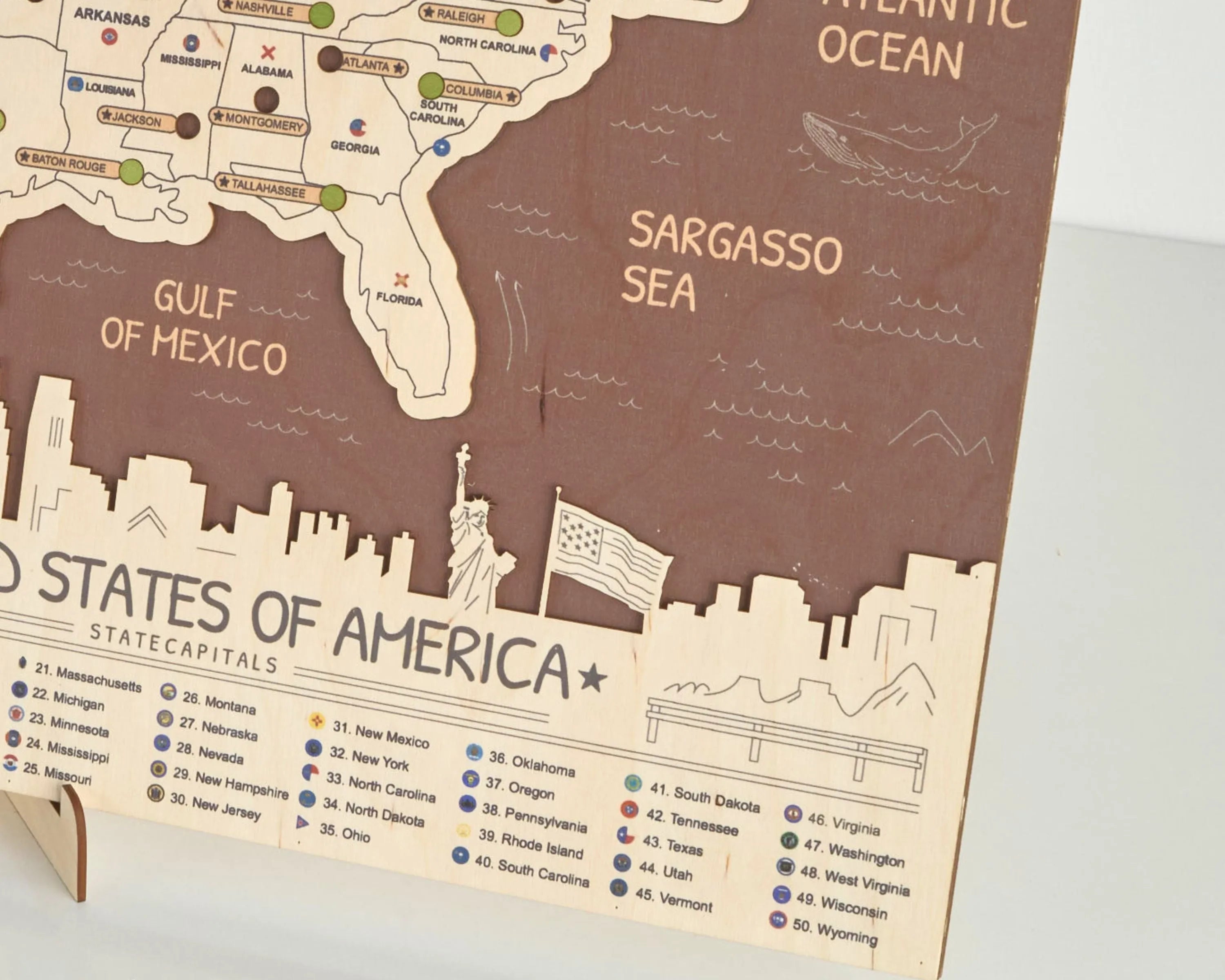 US 3D State Capitals Wooden Travel Map To Record Visits (New Coffee)