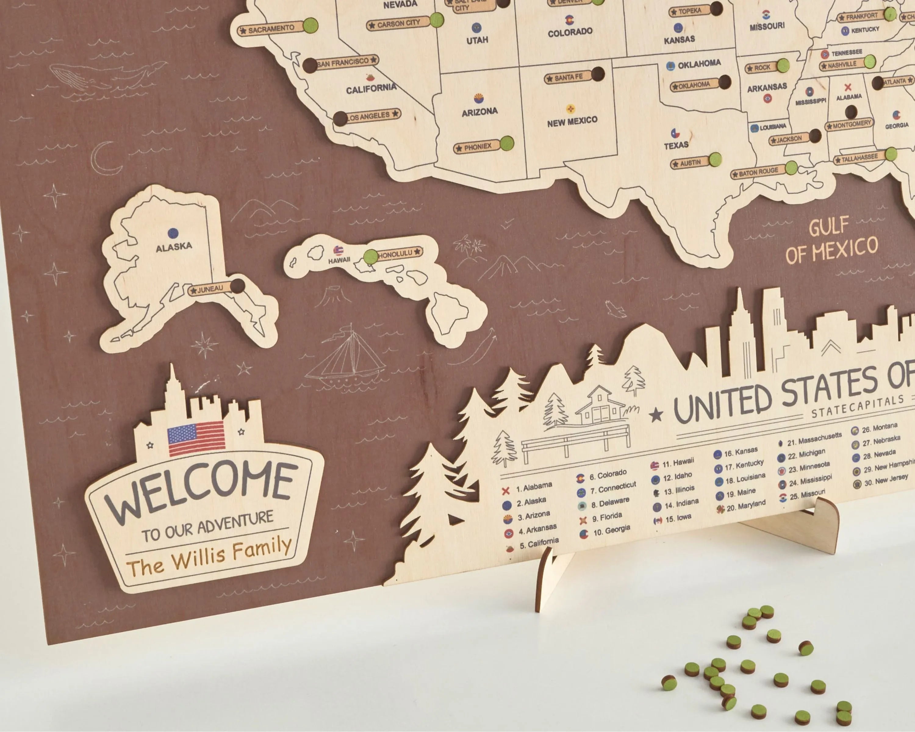 US 3D State Capitals Wooden Travel Map To Record Visits (New Coffee)