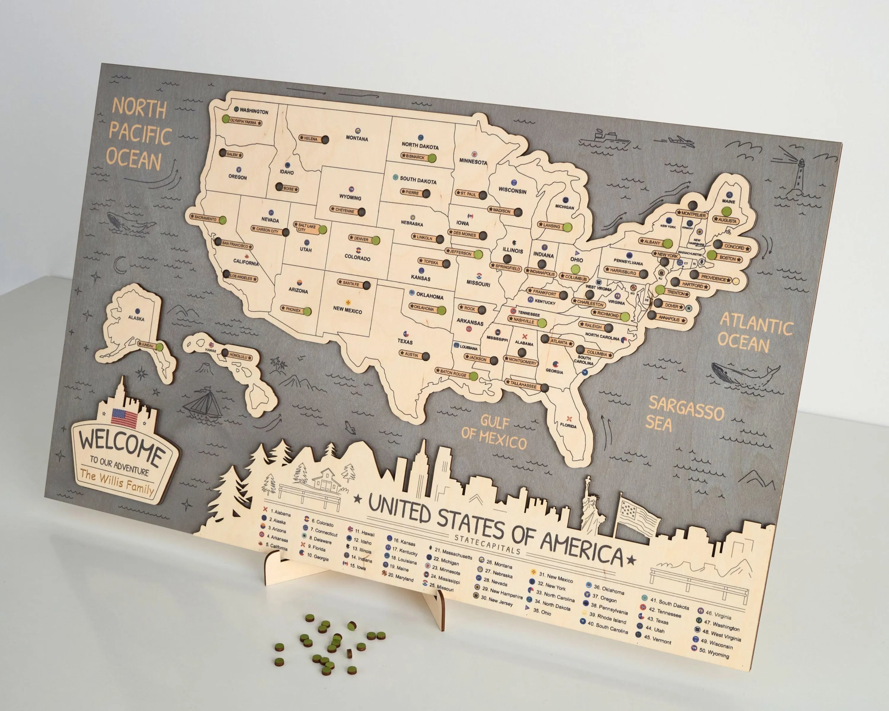 US 3D State Capitals Wooden Travel Map To Record Visits (New Grey)