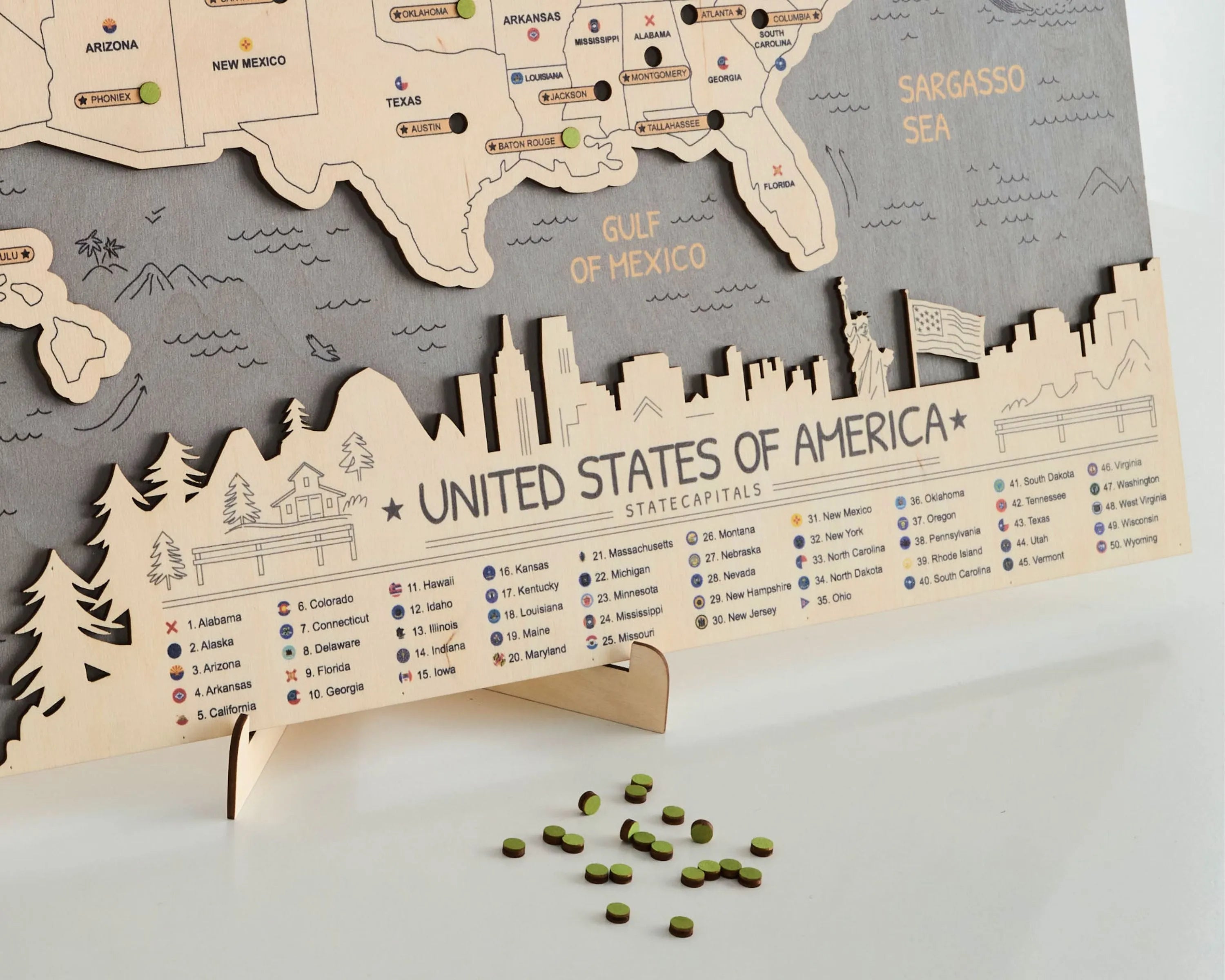 US 3D State Capitals Wooden Travel Map To Record Visits (New Grey)