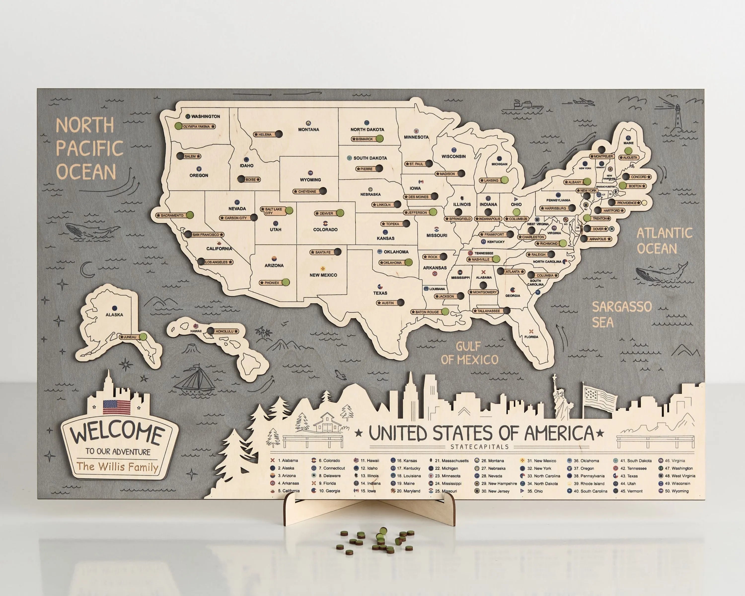 US 3D State Capitals Wooden Travel Map To Record Visits (New Grey)