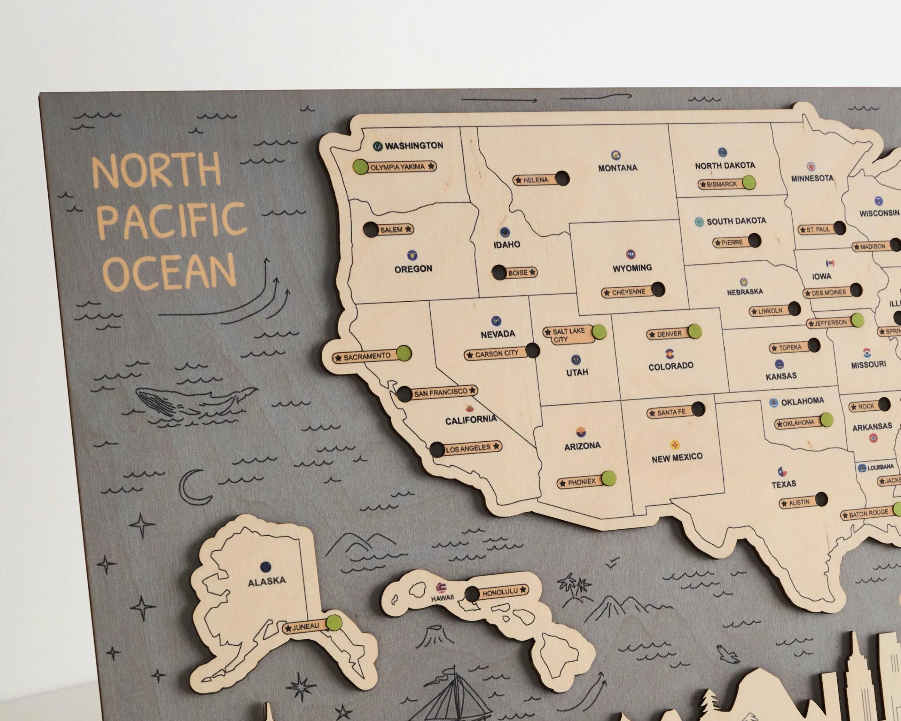 US 3D State Capitals Wooden Travel Map To Record Visits (New Grey)