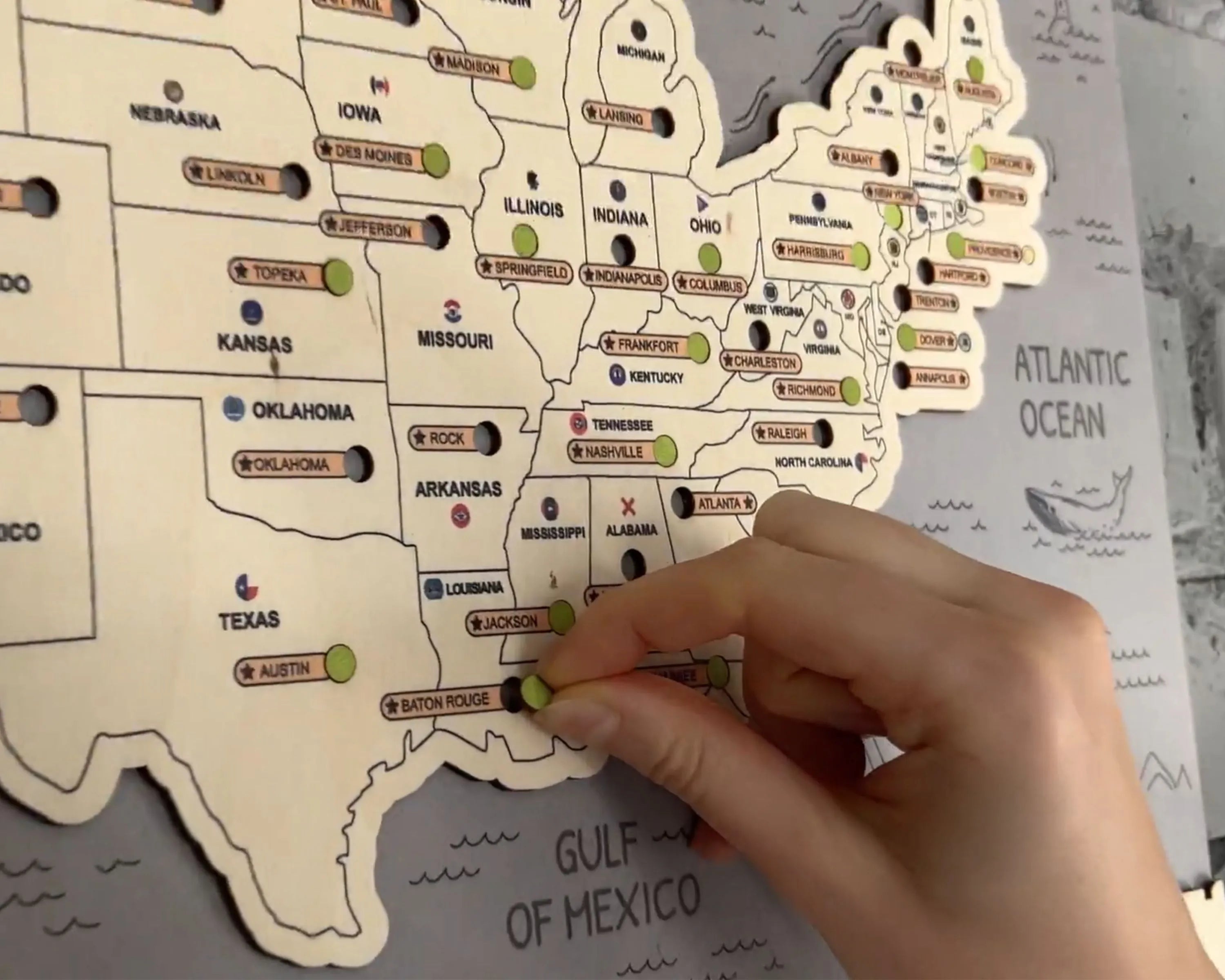 US 3D State Capitals Wooden Travel Map To Record Visits (New Light Grey)