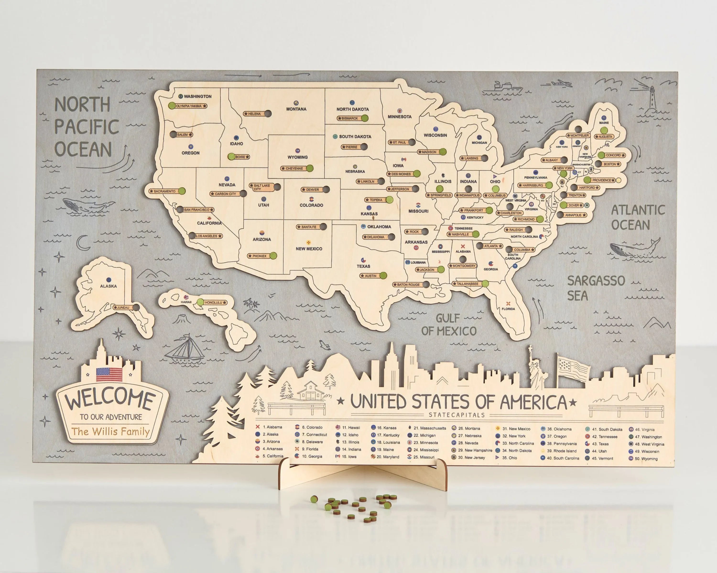 US 3D State Capitals Wooden Travel Map To Record Visits (New Light Grey)