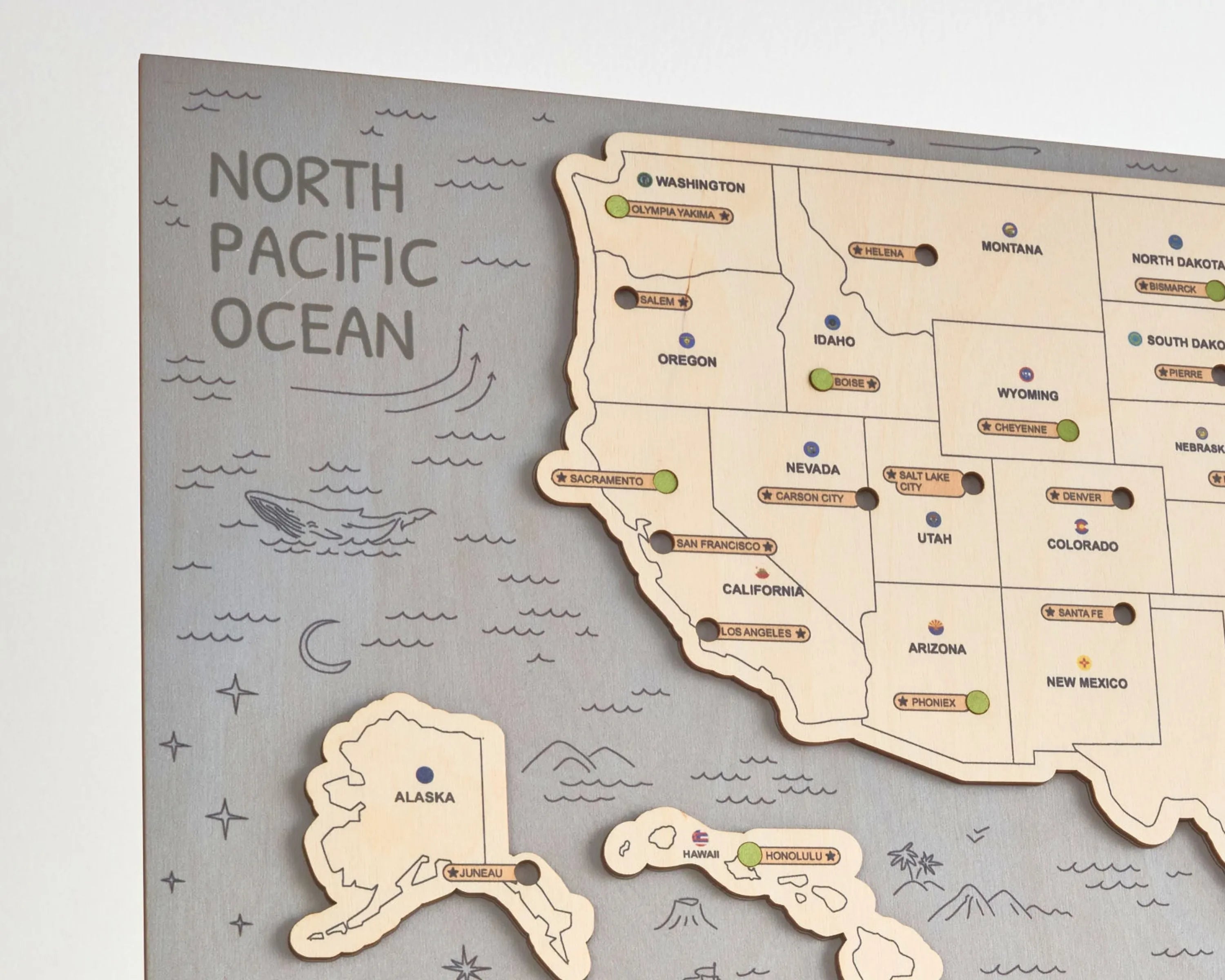 US 3D State Capitals Wooden Travel Map To Record Visits (New Light Grey)