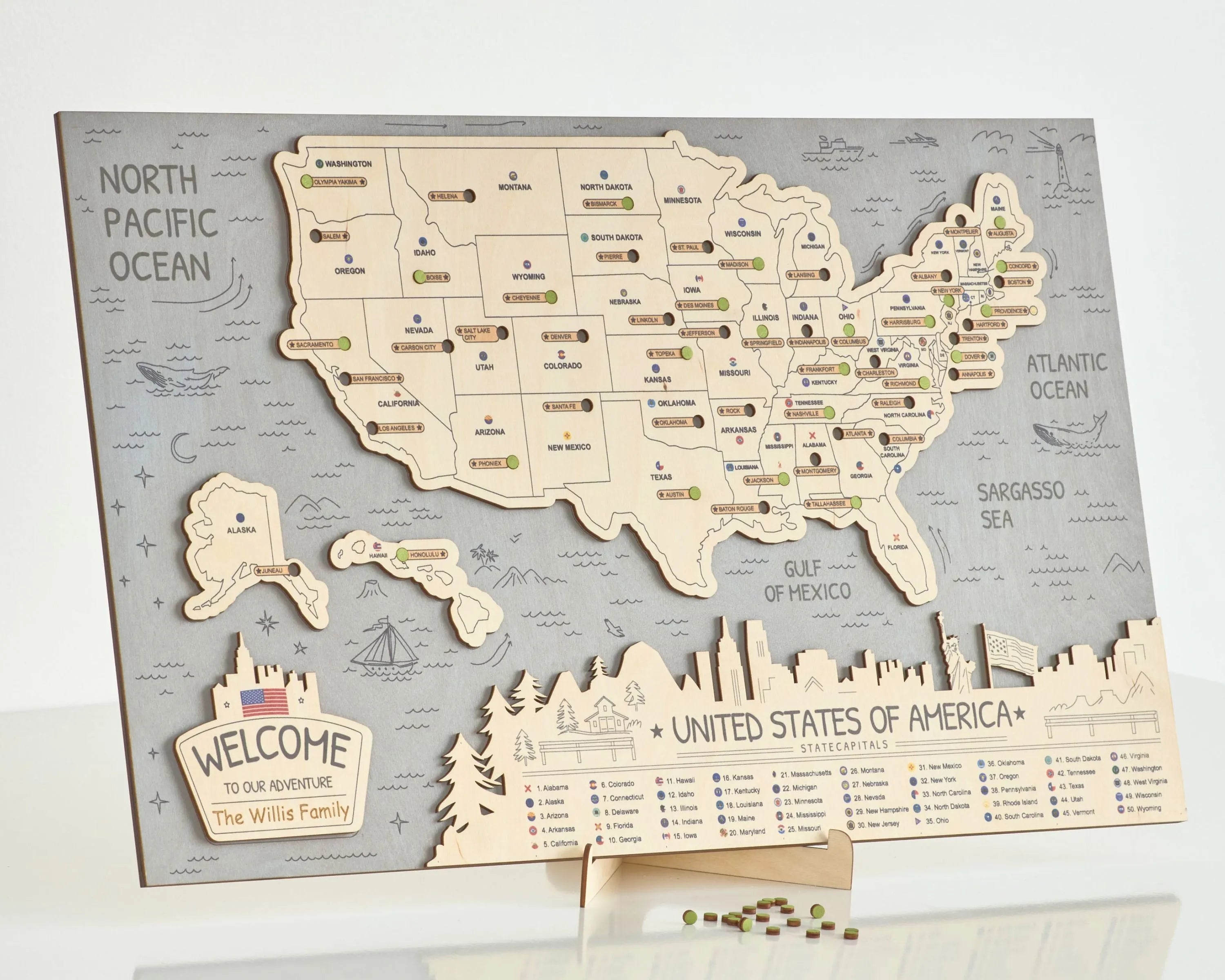 US 3D State Capitals Wooden Travel Map To Record Visits (New Light Grey)