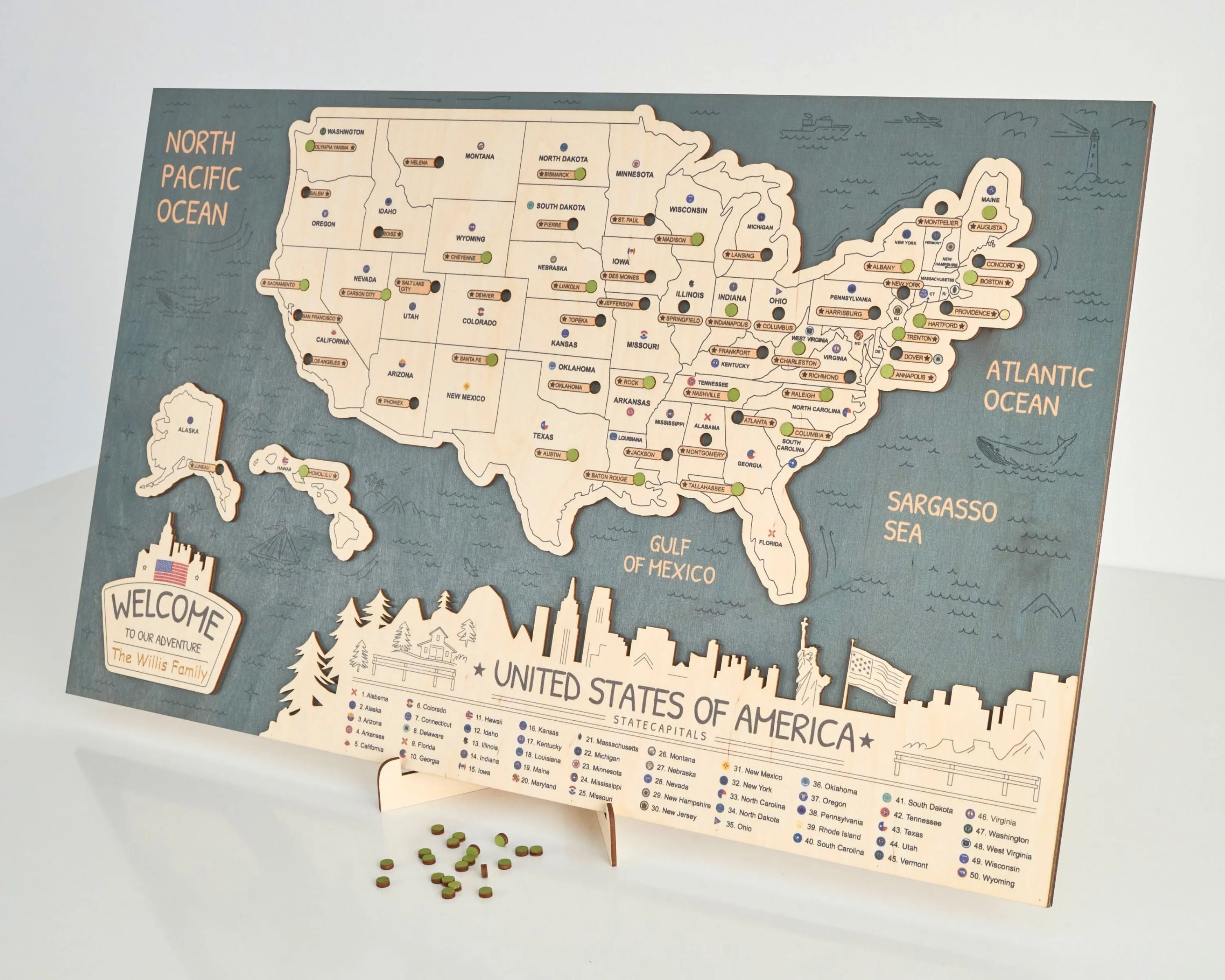 US 3D State Capitals Wooden Travel Map To Record Visits (New Sea Breeze)