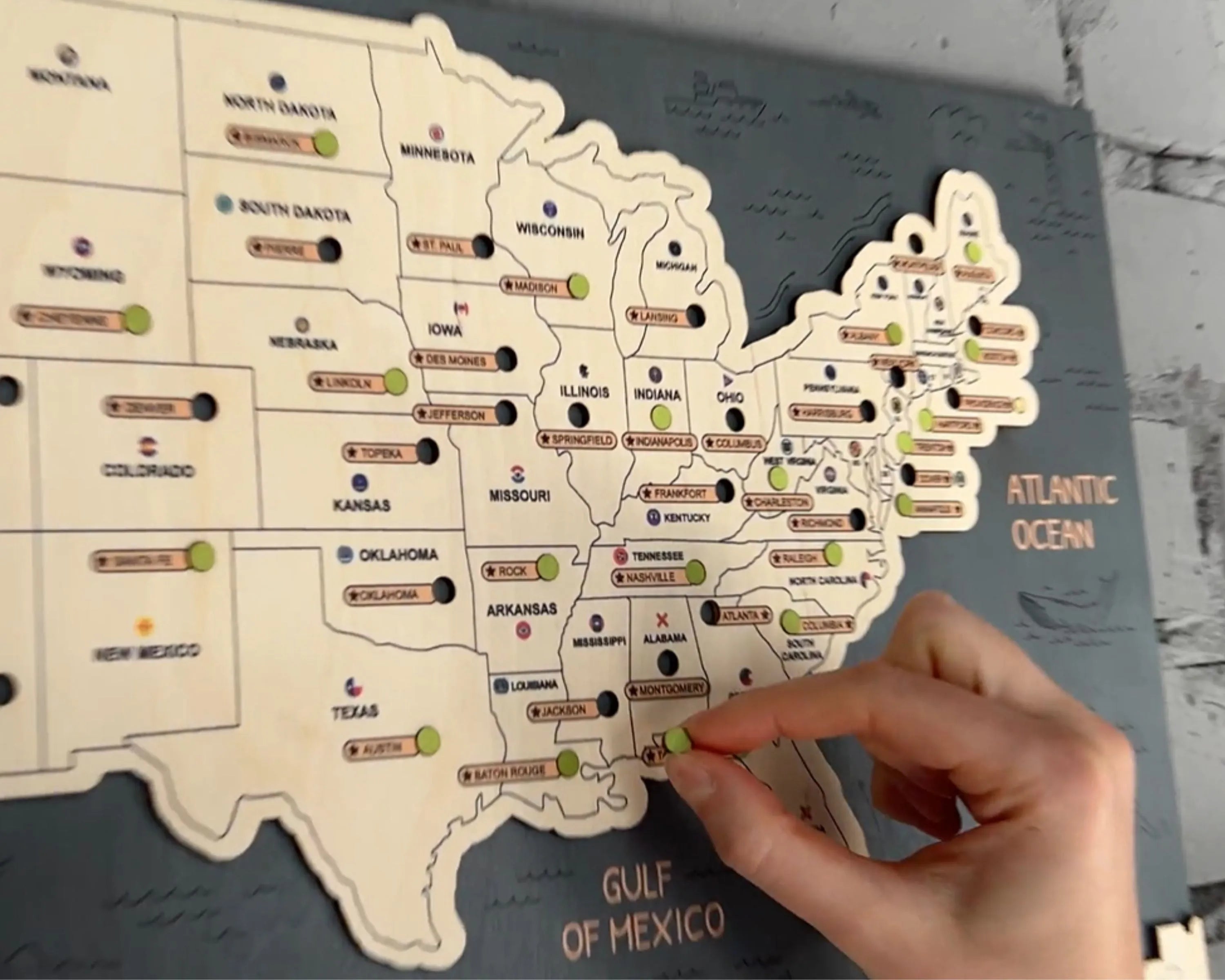 US 3D State Capitals Wooden Travel Map To Record Visits (New Sea Breeze)