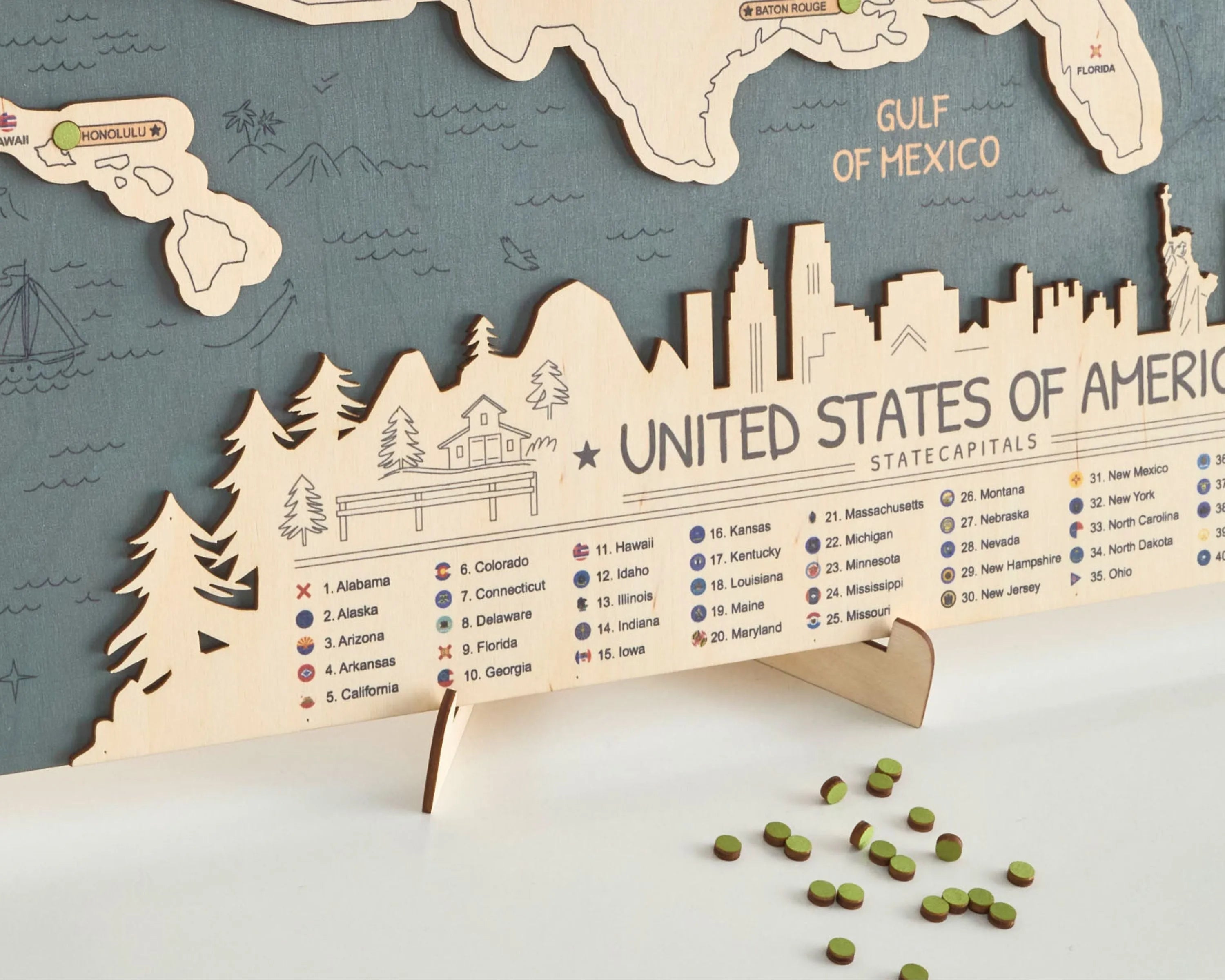 US 3D State Capitals Wooden Travel Map To Record Visits (New Sea Breeze)