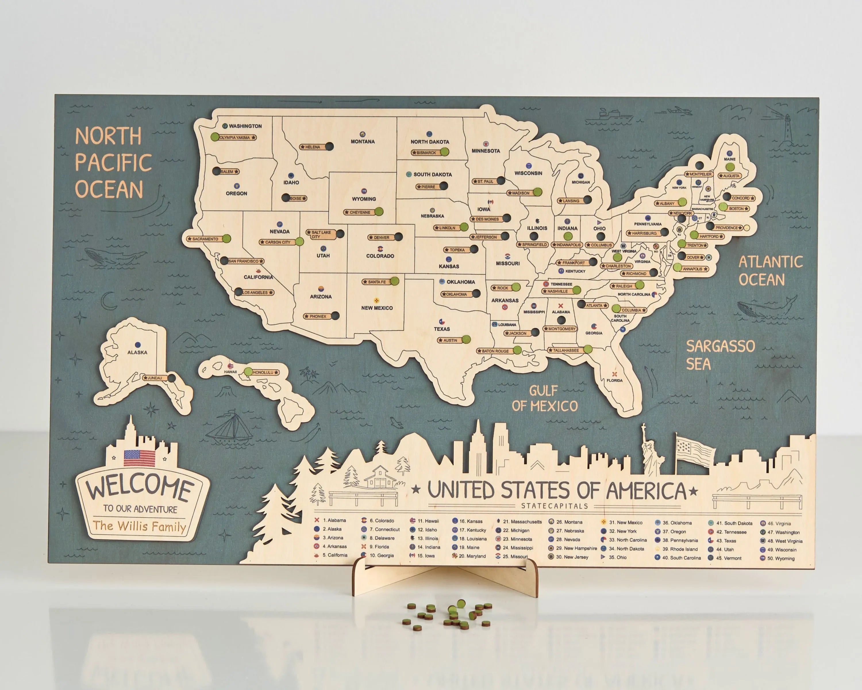 US 3D State Capitals Wooden Travel Map To Record Visits (New Sea Breeze)