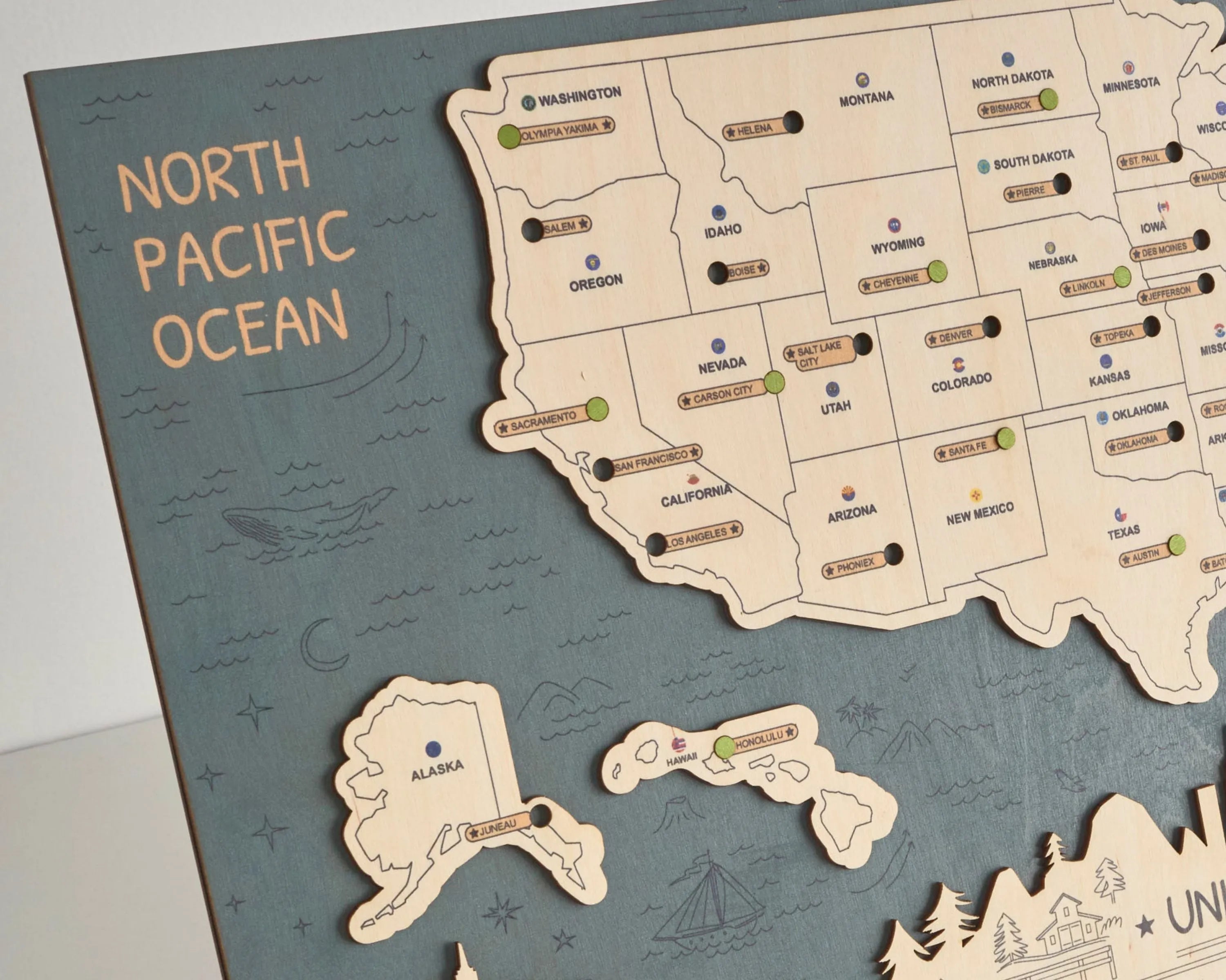 US 3D State Capitals Wooden Travel Map To Record Visits (New Sea Breeze)