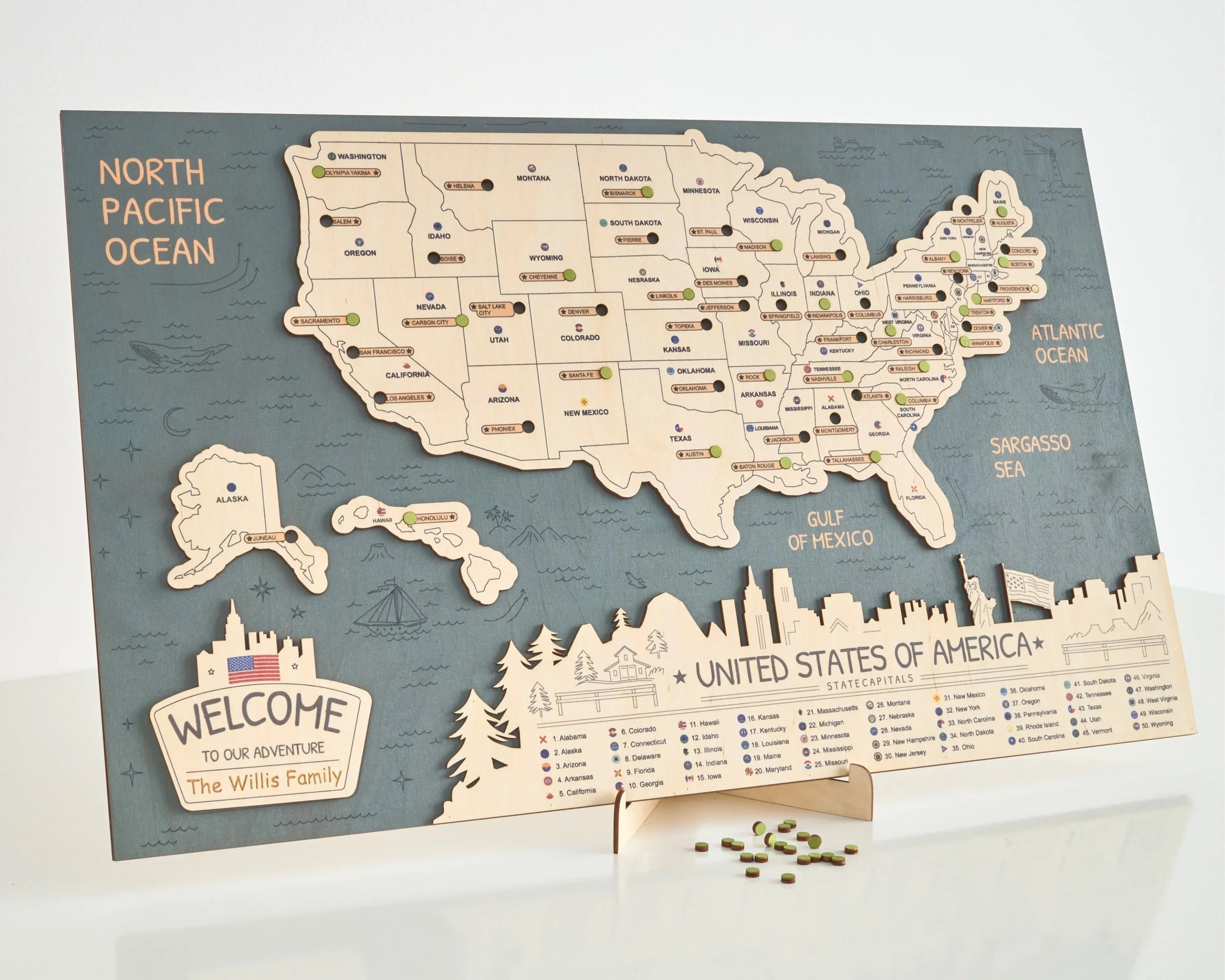 US 3D State Capitals Wooden Travel Map To Record Visits (New Sea Breeze)