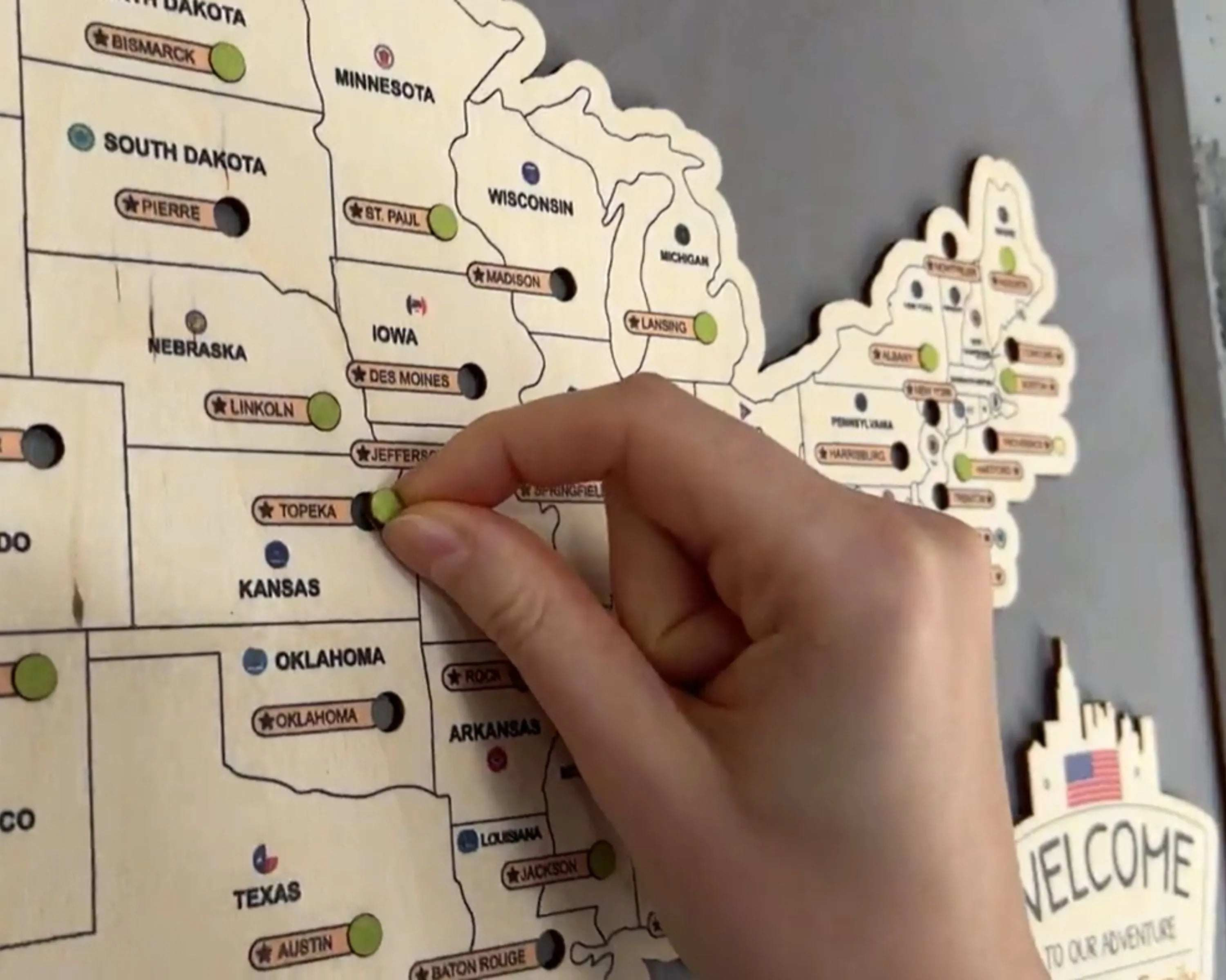 US Wooden State Capitals Travel Map To Record Visits (Light Grey)