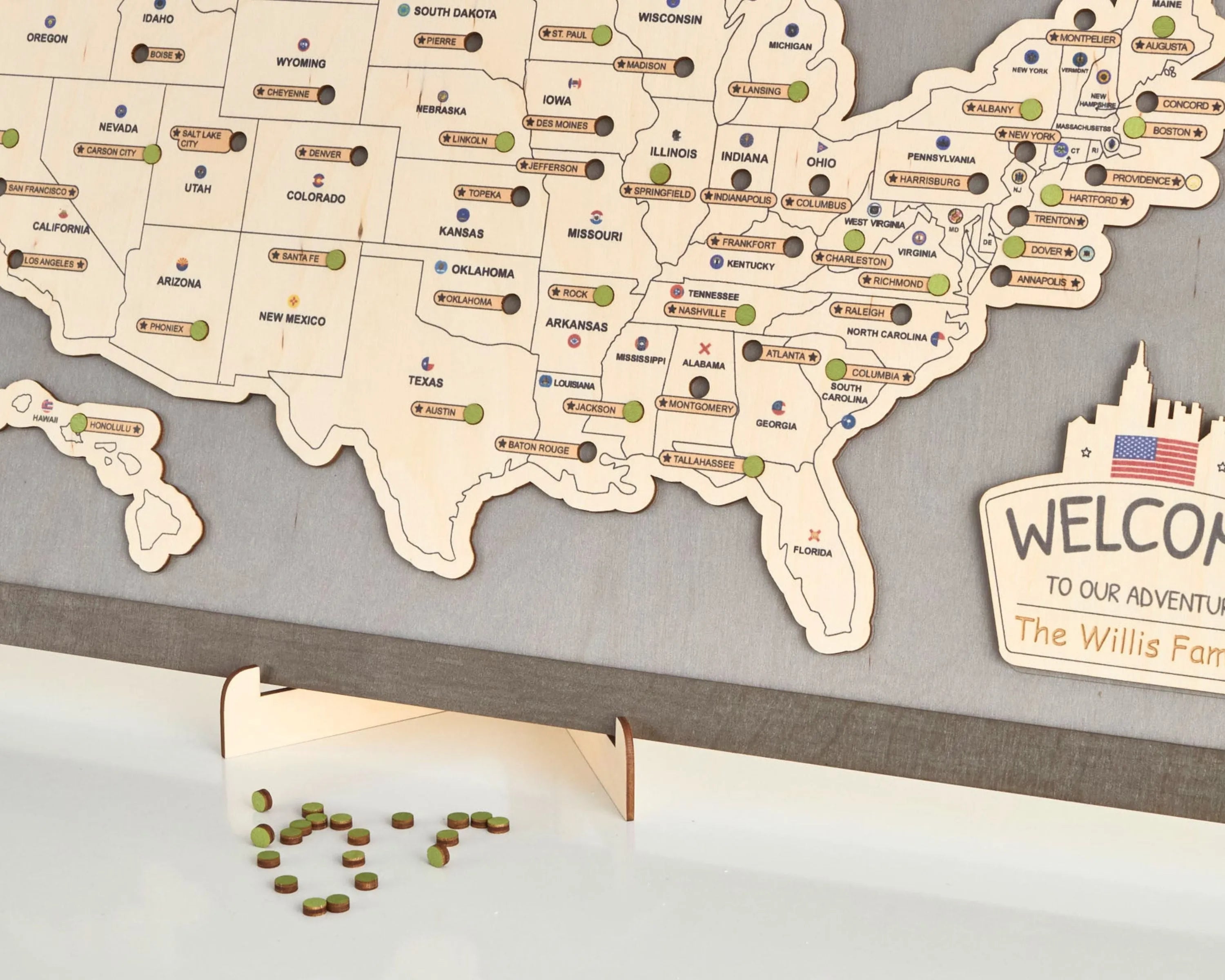 US Wooden State Capitals Travel Map To Record Visits (Light Grey)