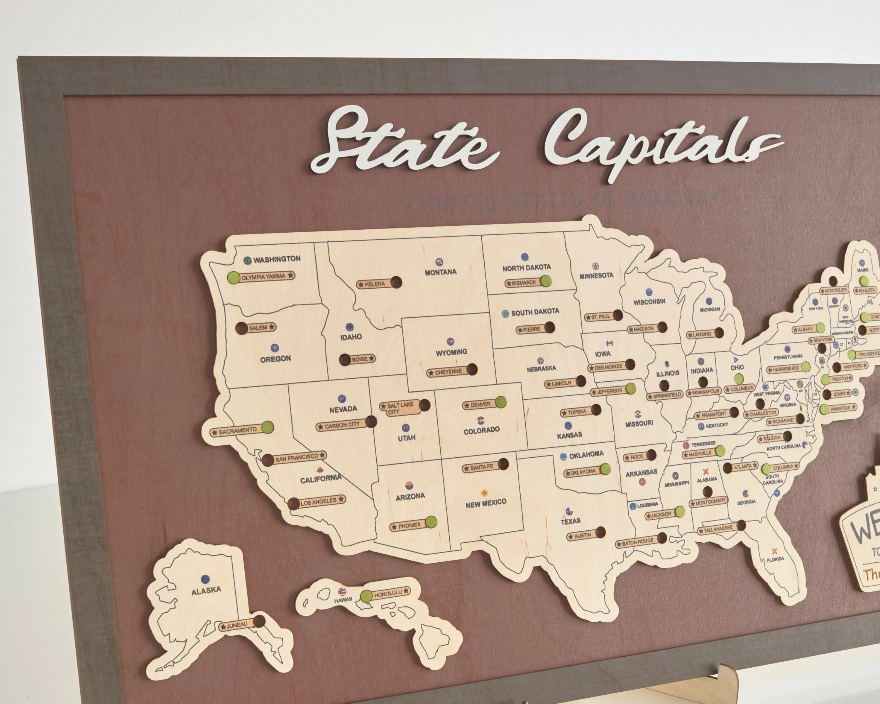 US Wooden State Capitals Travel Map To Record Visits (Coffee)