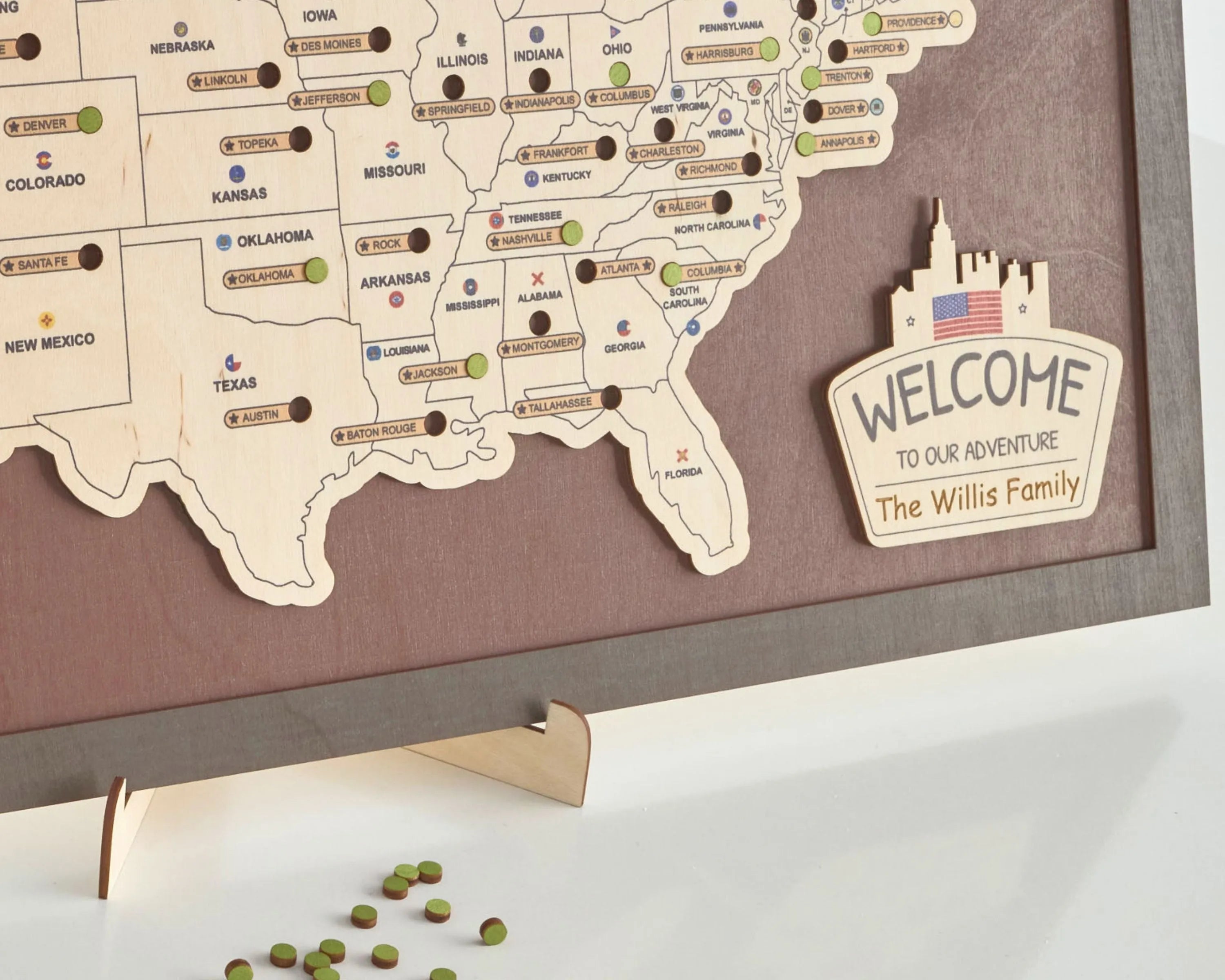 US Wooden State Capitals Travel Map To Record Visits (Coffee)