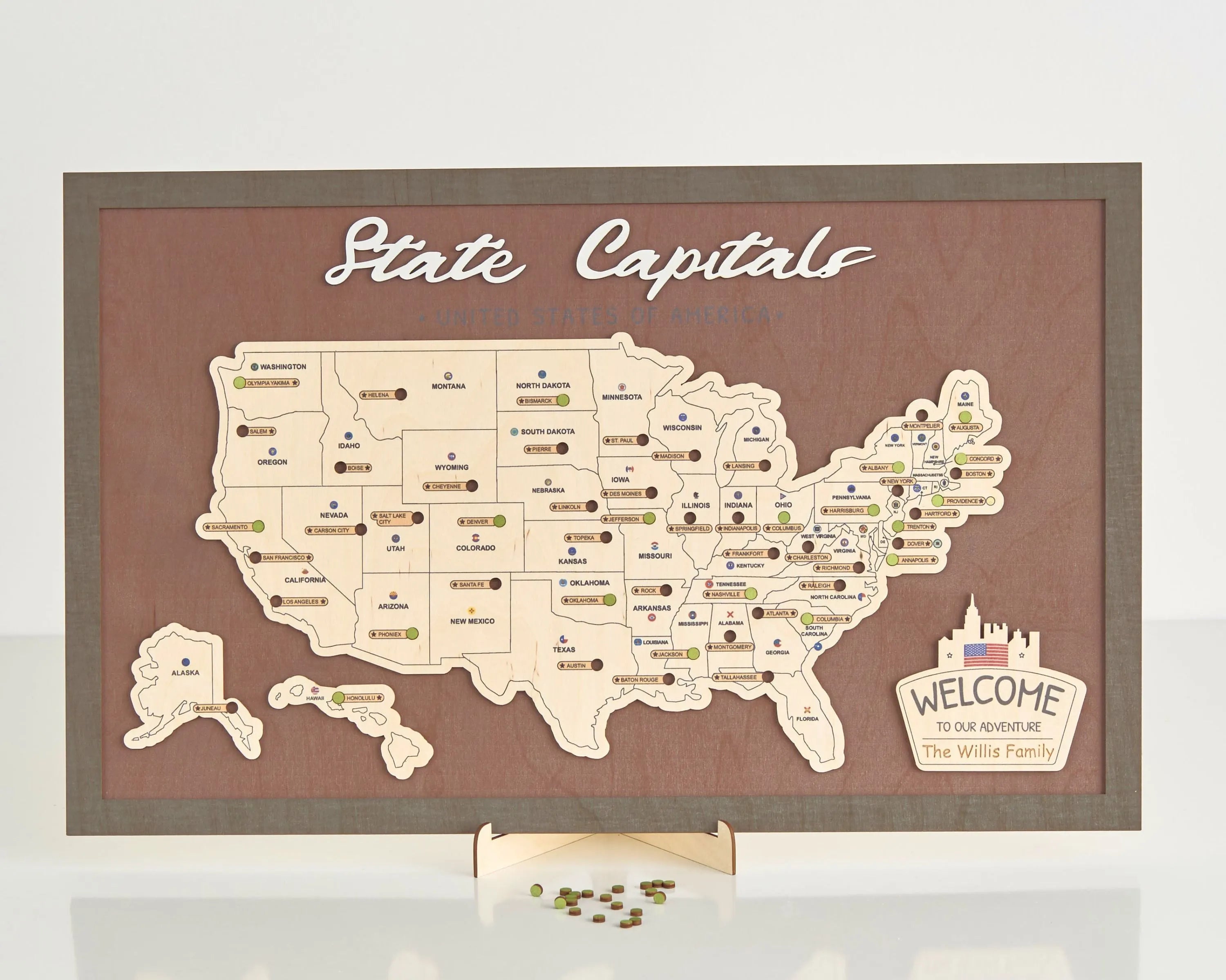 US Wooden State Capitals Travel Map To Record Visits (Coffee)