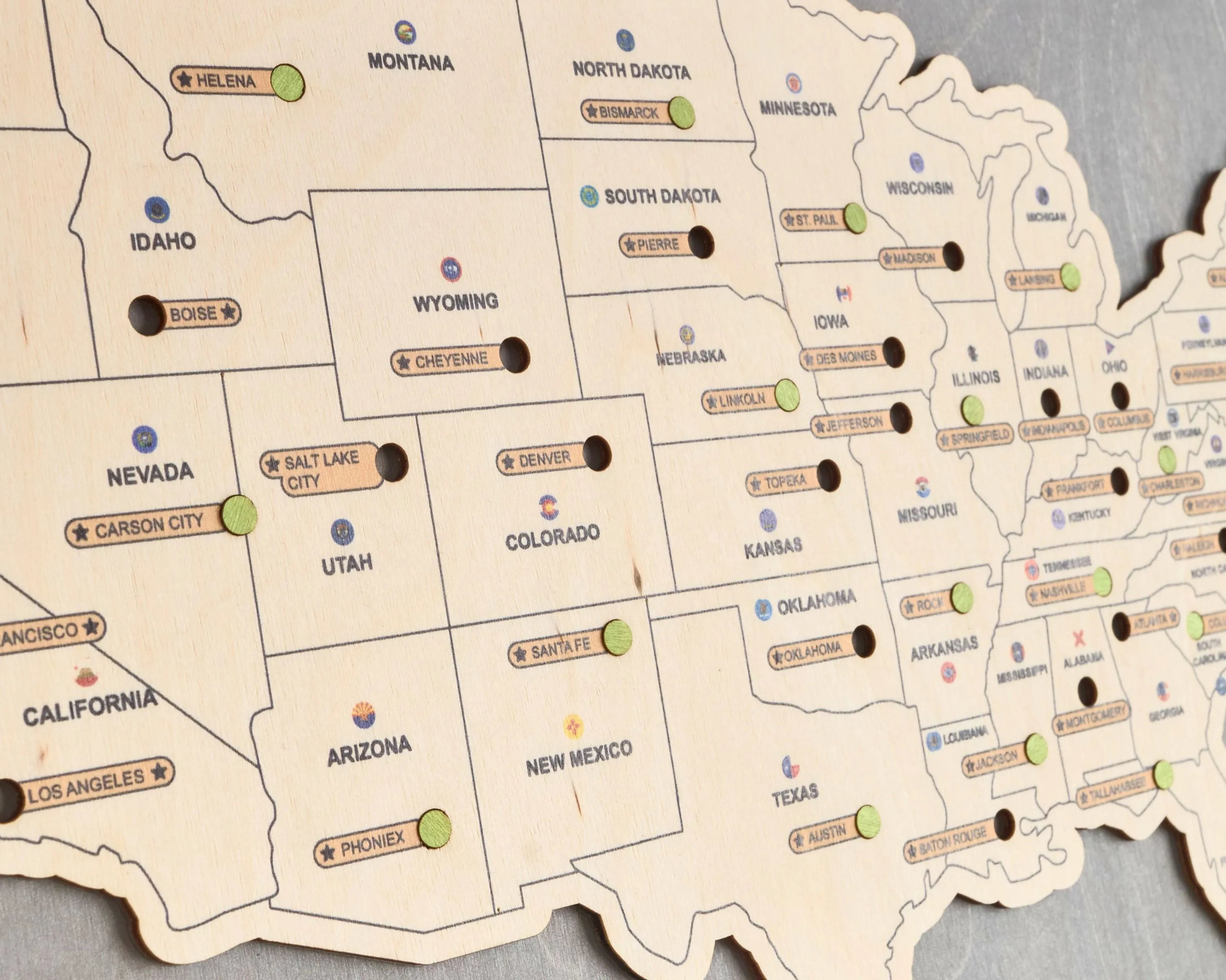 US Wooden State Capitals Travel Map To Record Visits (Light Grey)