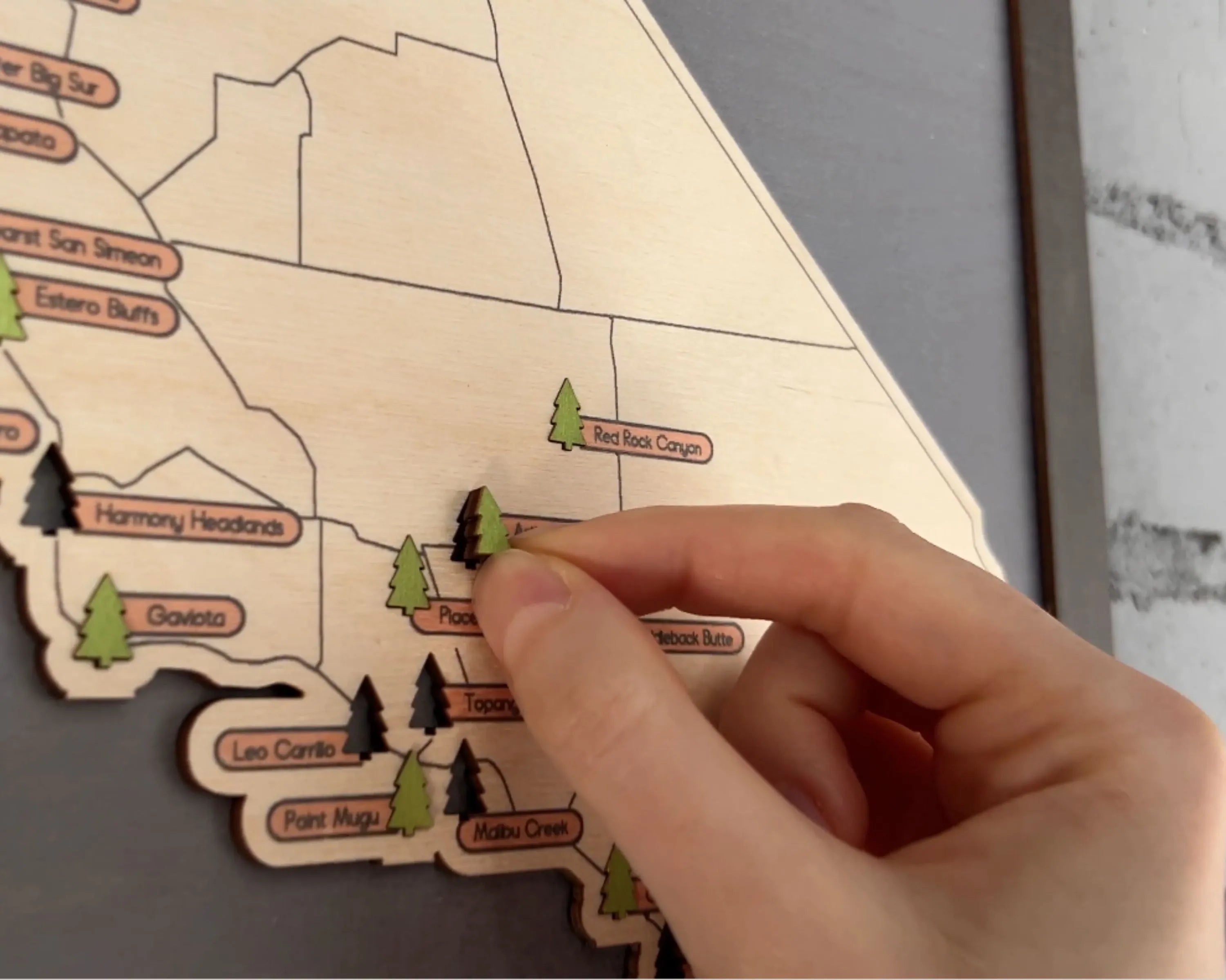 US Wooden California State Parks Travel Map With Trees To Record Park Visits (Light Grey)