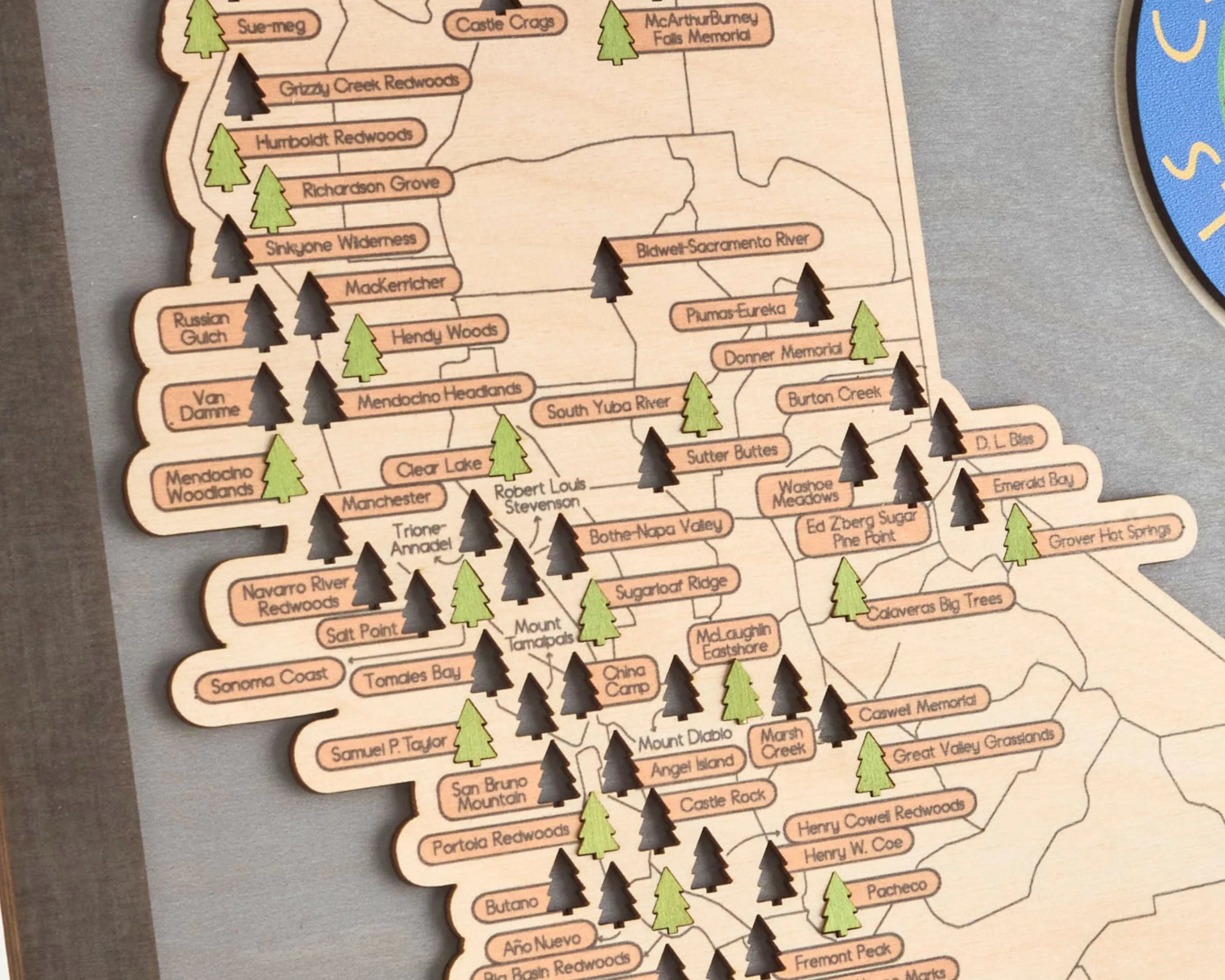 US Wooden California State Parks Travel Map With Trees To Record Park Visits (Light Grey)