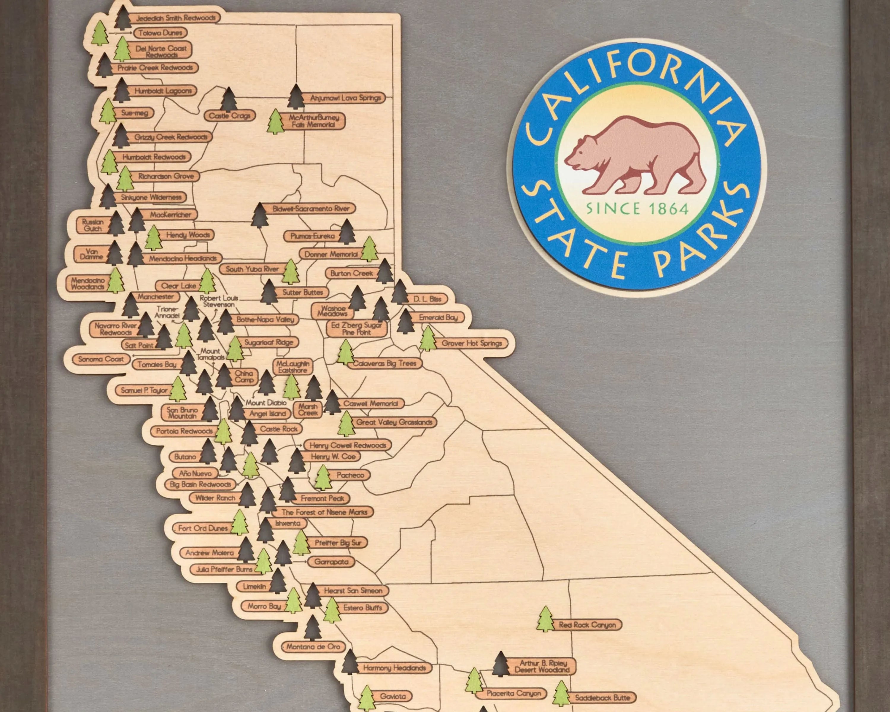 US Wooden California State Parks Travel Map With Trees To Record Park Visits (Light Grey)