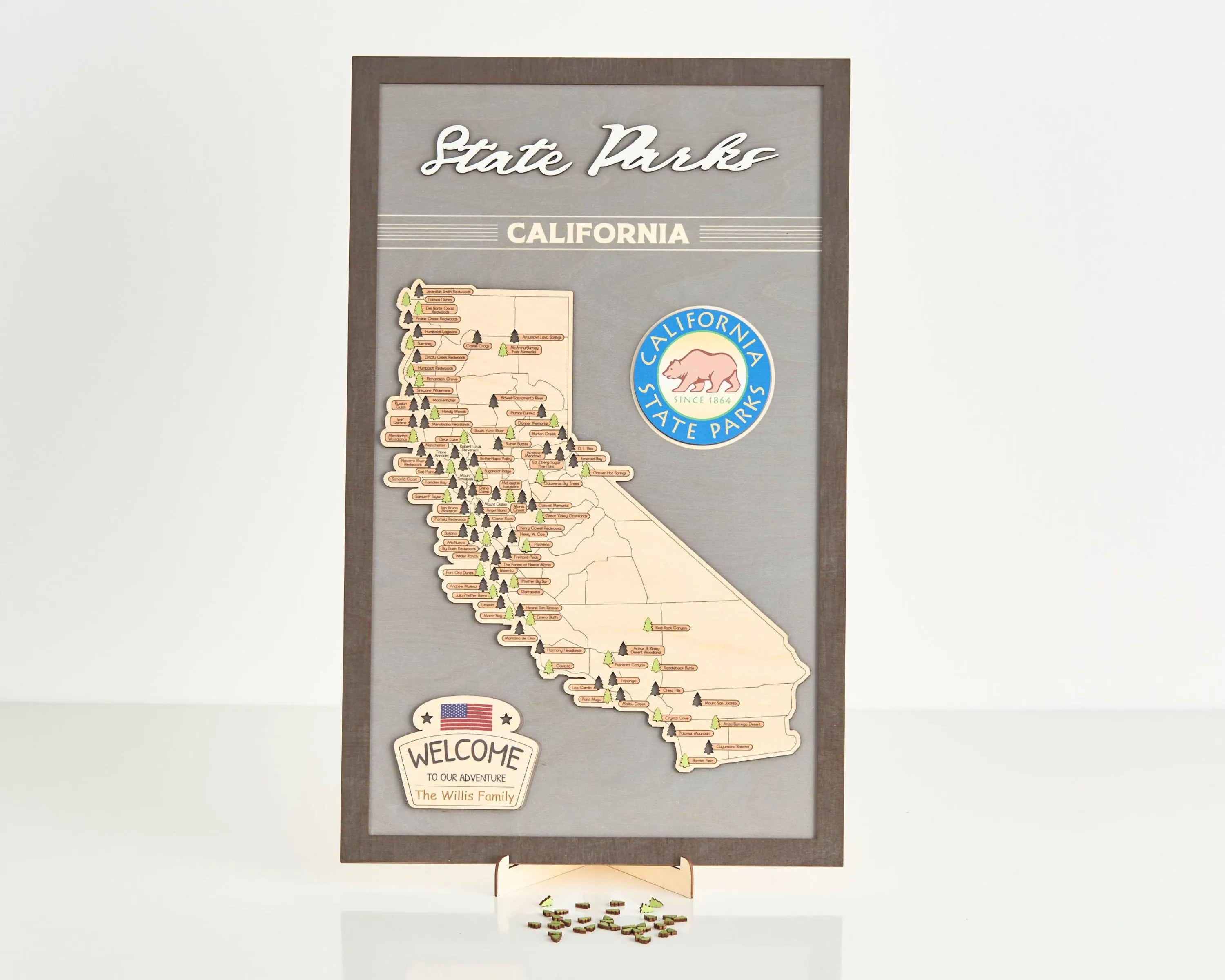 US Wooden California State Parks Travel Map With Trees To Record Park Visits (Light Grey)