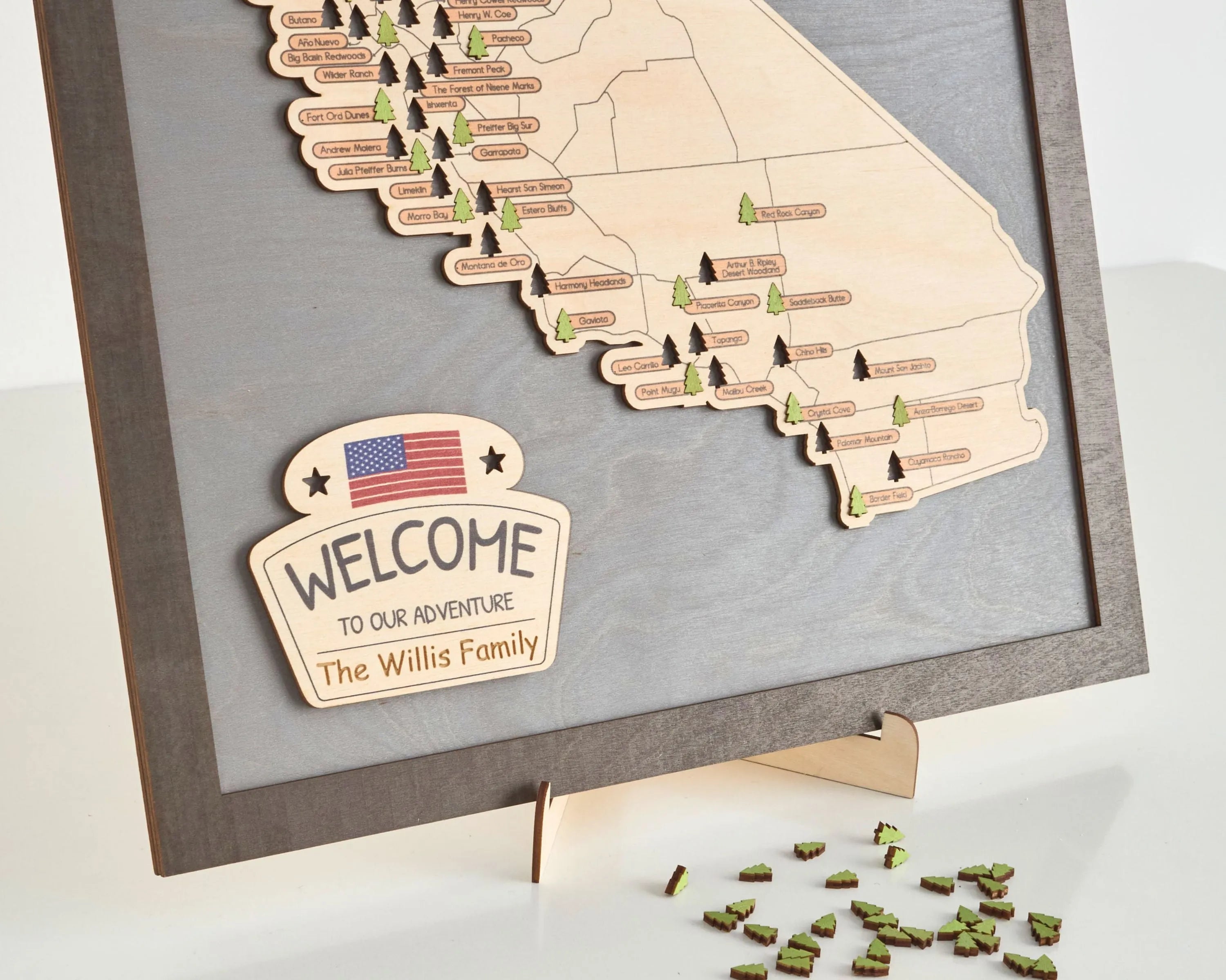 US Wooden California State Parks Travel Map With Trees To Record Park Visits (Light Grey)