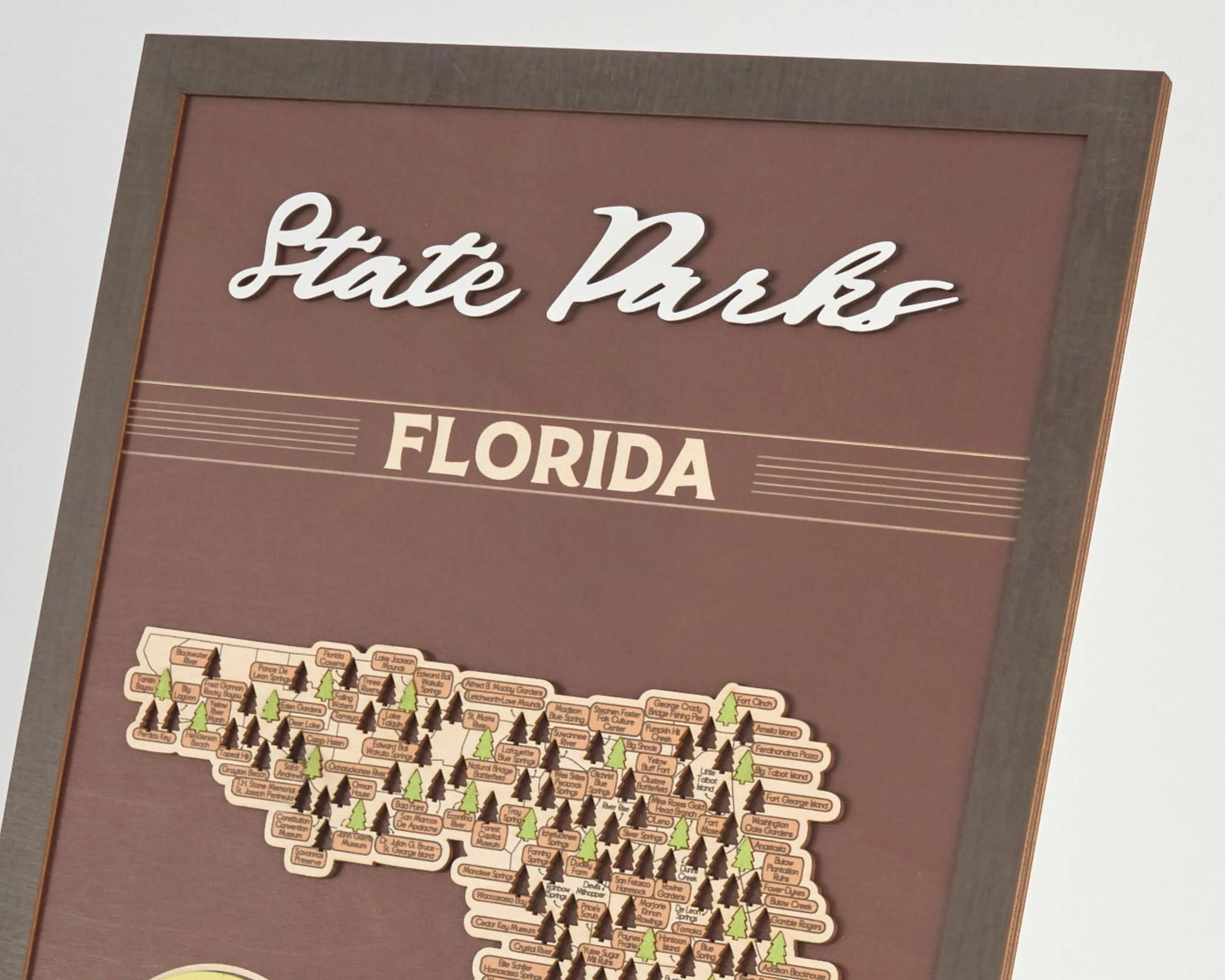 US Wooden Florida State Parks Travel Map With Trees To Record Park Visits (Coffee)