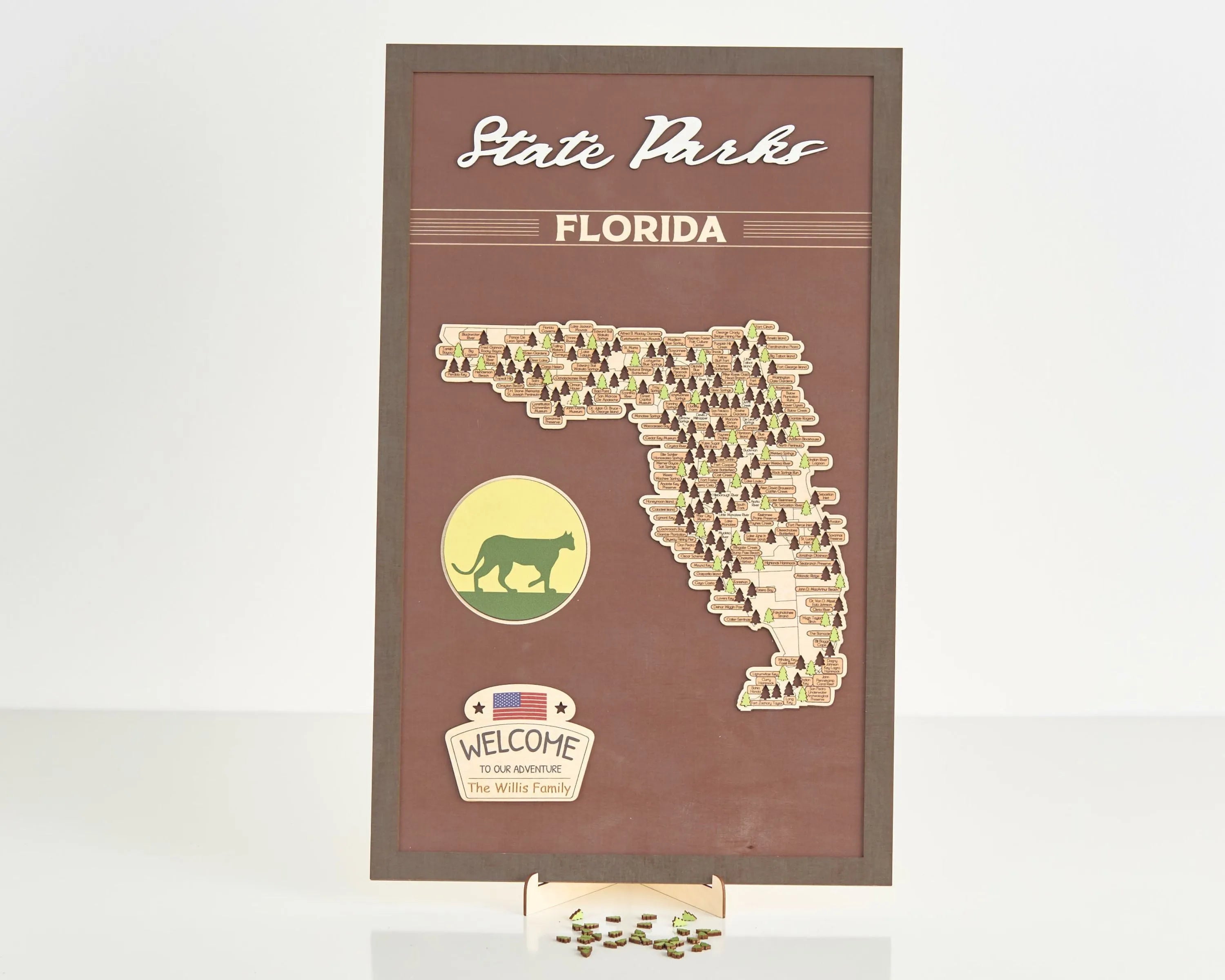 US Wooden Florida State Parks Travel Map With Trees To Record Park Visits (Coffee)