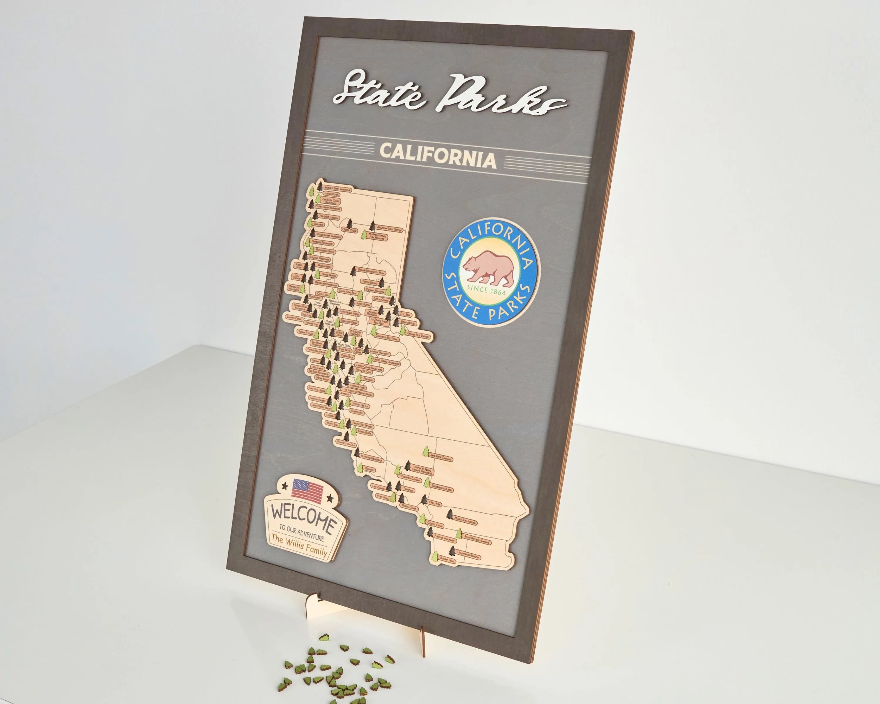 US Wooden California State Parks Travel Map With Trees To Record Park Visits (Light Grey)