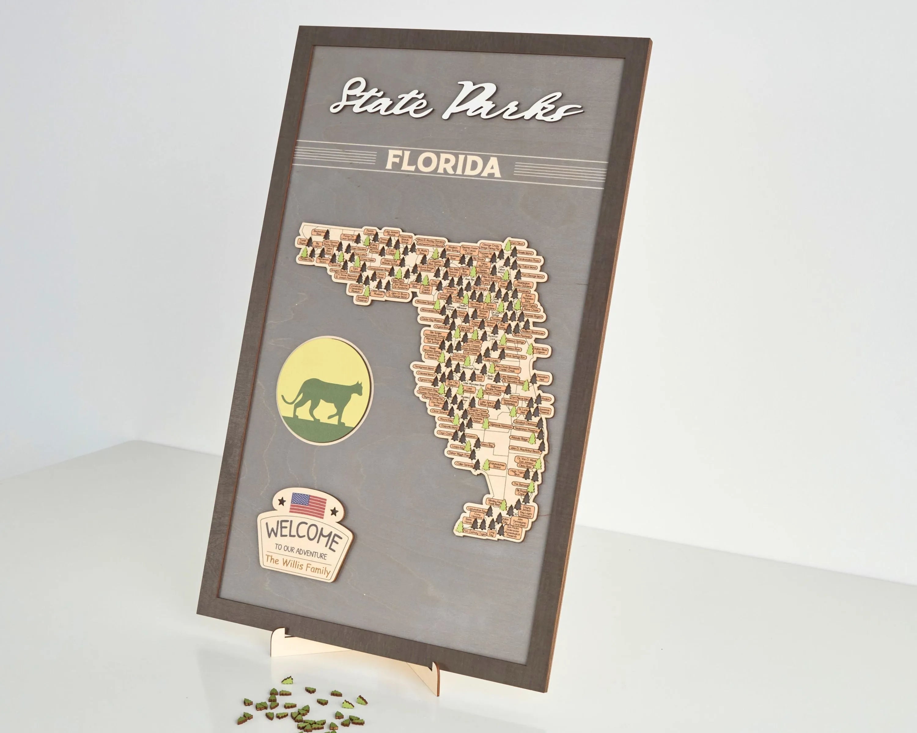 US Wooden Florida State Parks Travel Map With Trees To Record Park Visits (Light Grey)