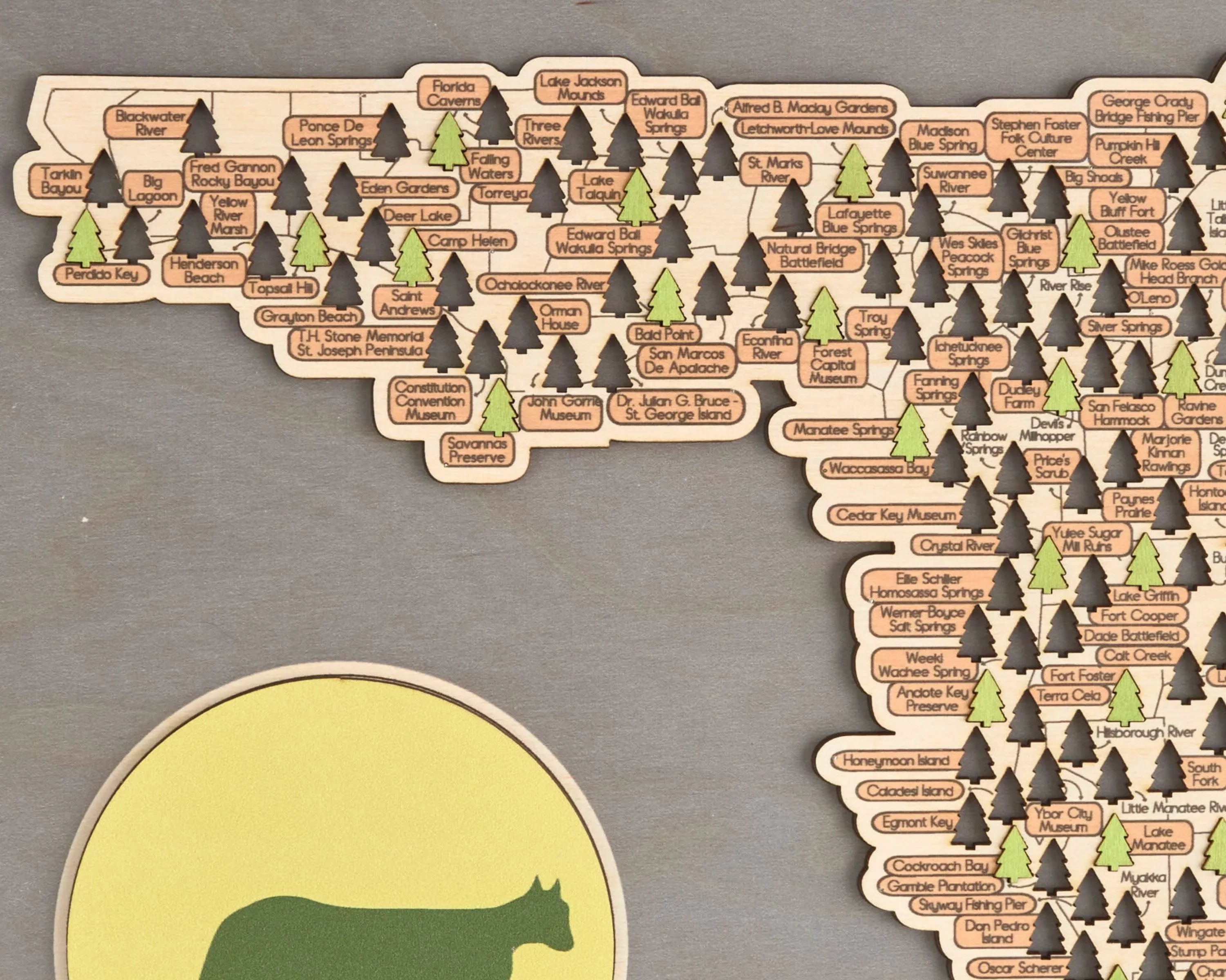 US Wooden Florida State Parks Travel Map With Trees To Record Park Visits (Light Grey)