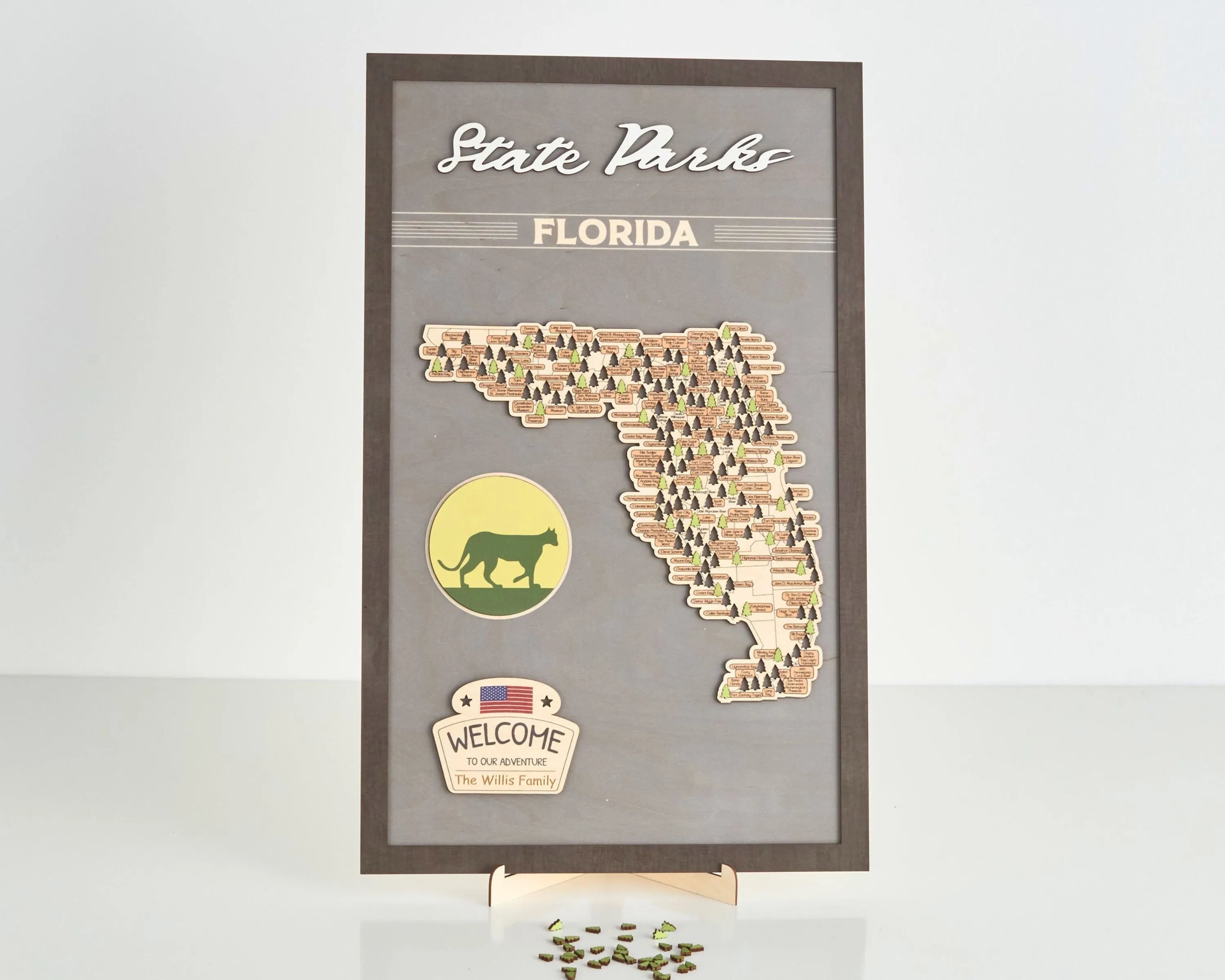 US Wooden Florida State Parks Travel Map With Trees To Record Park Visits (Light Grey)