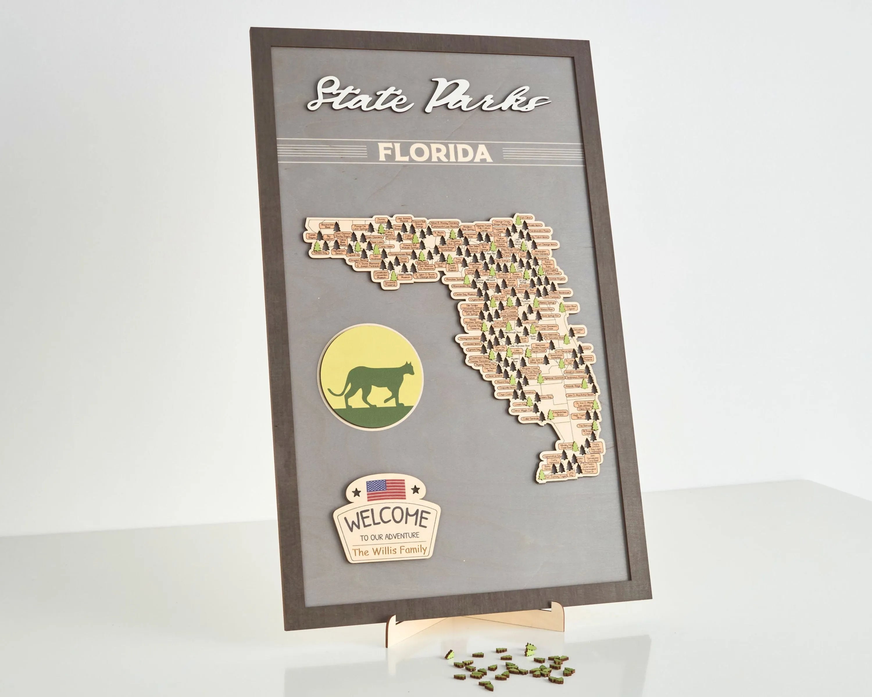 US Wooden Florida State Parks Travel Map With Trees To Record Park Visits (Light Grey)