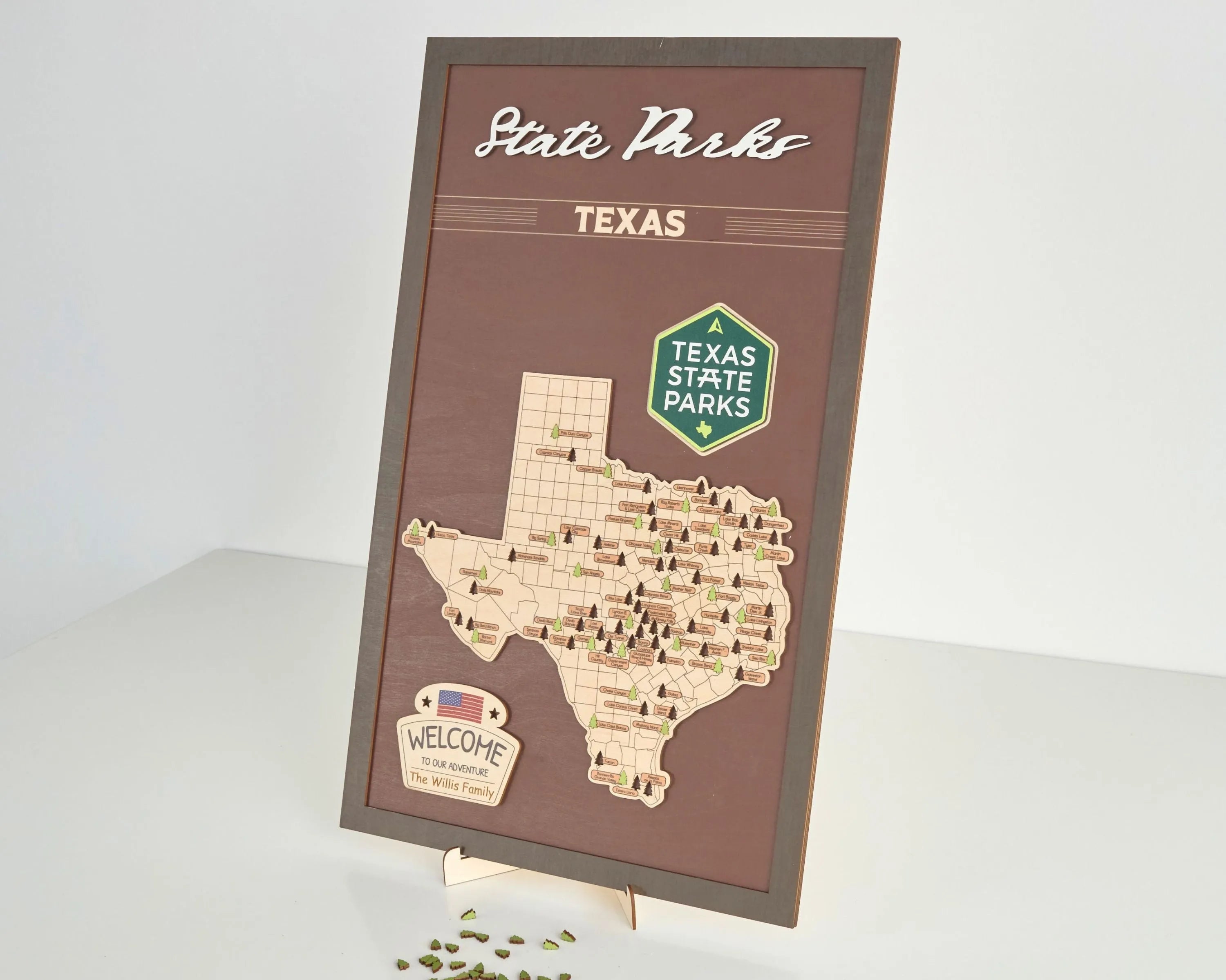 US Wooden Texas State Parks Map With Trees To Record Park Visits (Coffee)