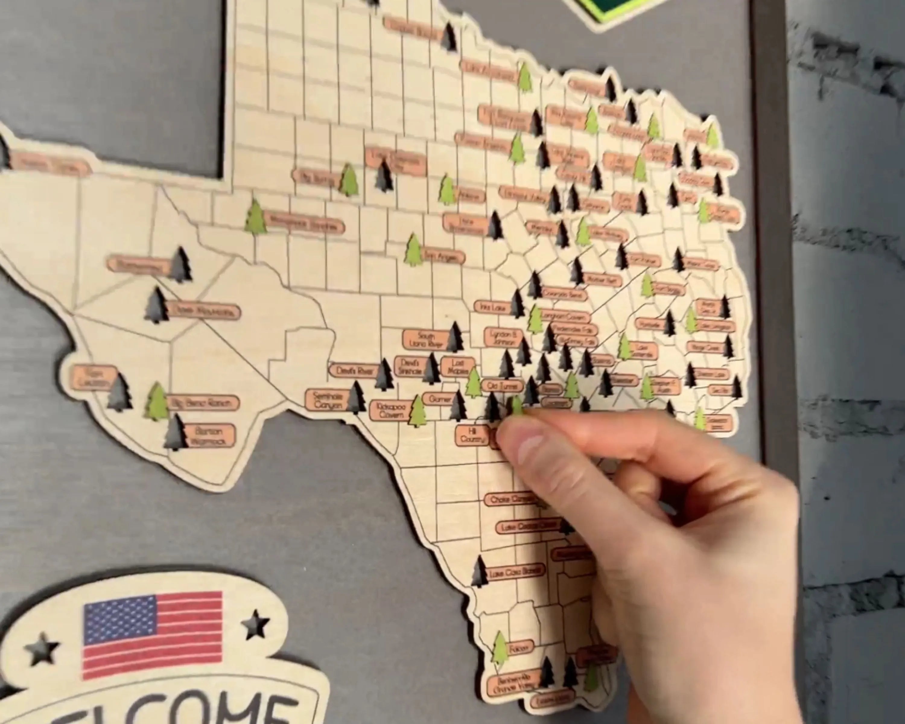 US Wooden Texas State Parks Travel Map With Trees To Record Park Visits (Light Grey)