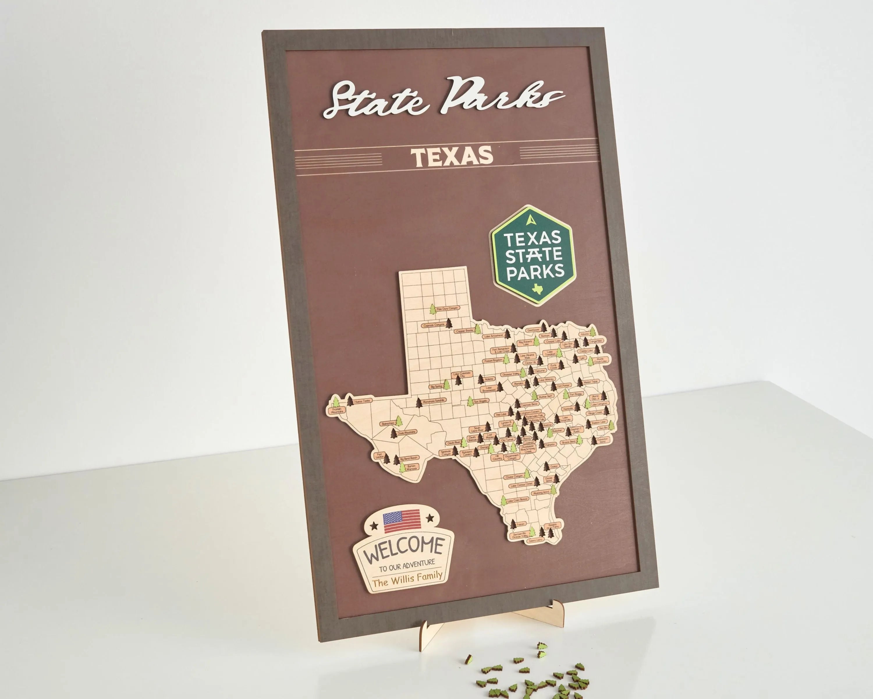 US Wooden Texas State Parks Map With Trees To Record Park Visits (Coffee)