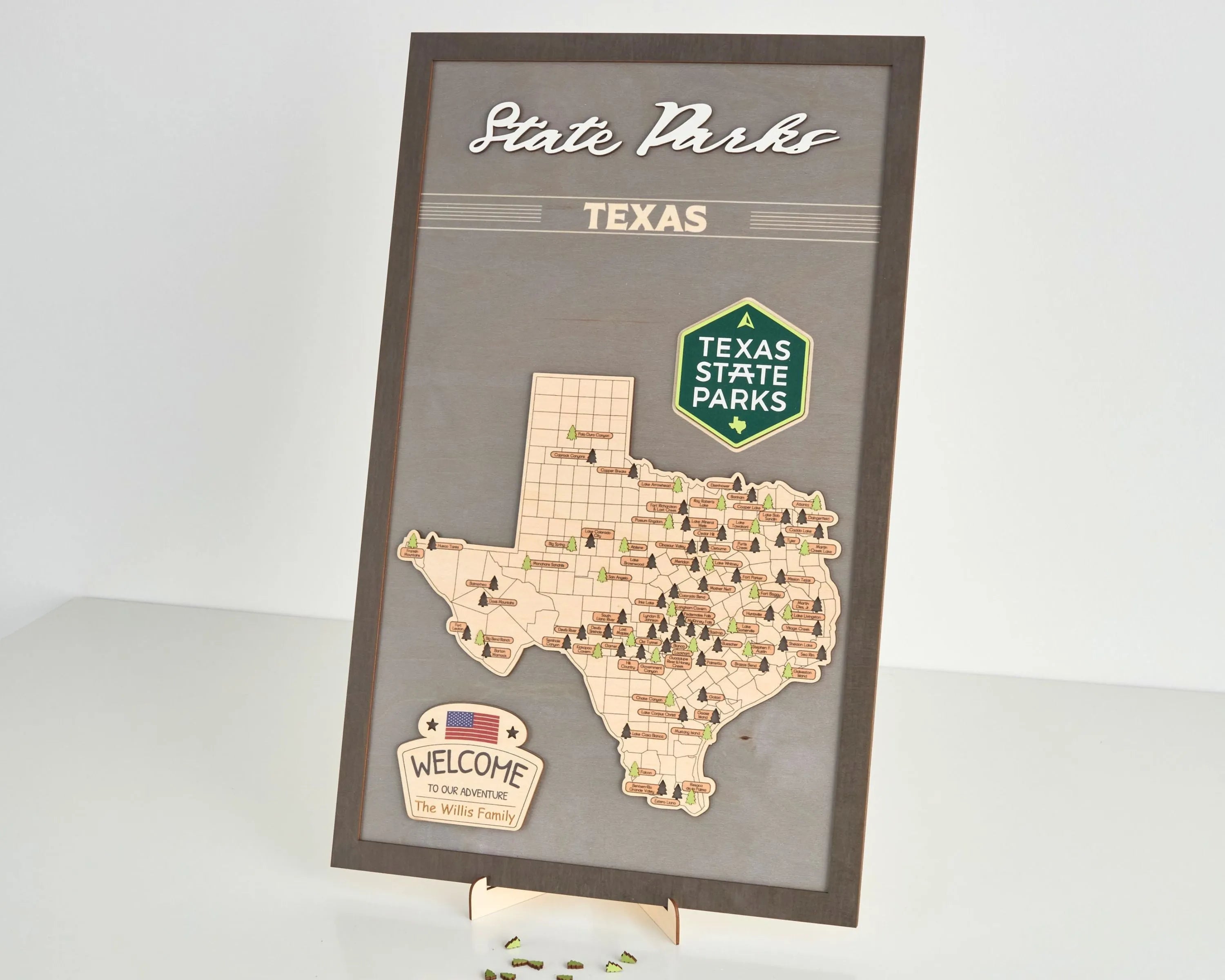 US Wooden Texas State Parks Travel Map With Trees To Record Park Visits (Light Grey)