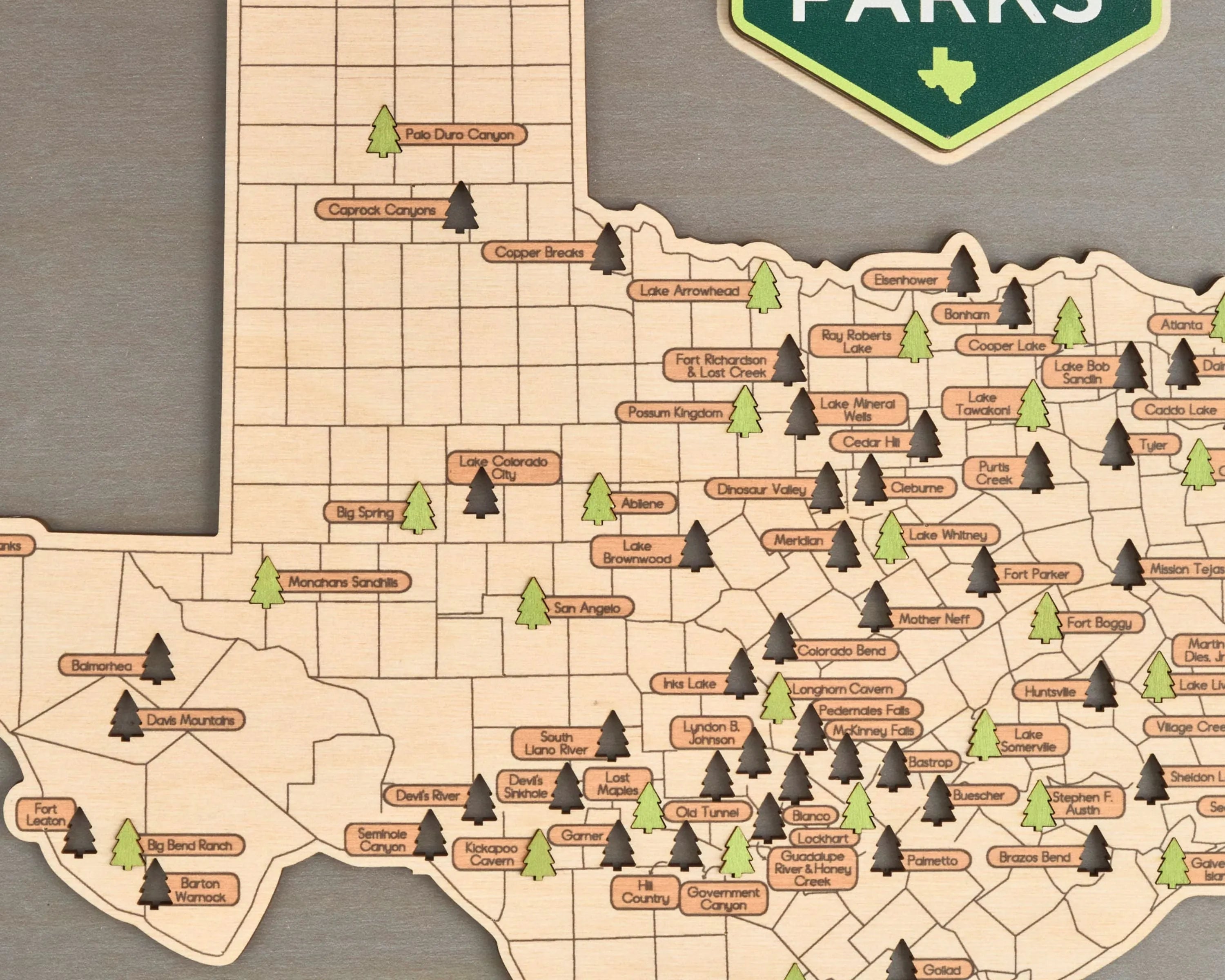 US Wooden Texas State Parks Travel Map With Trees To Record Park Visits (Light Grey)