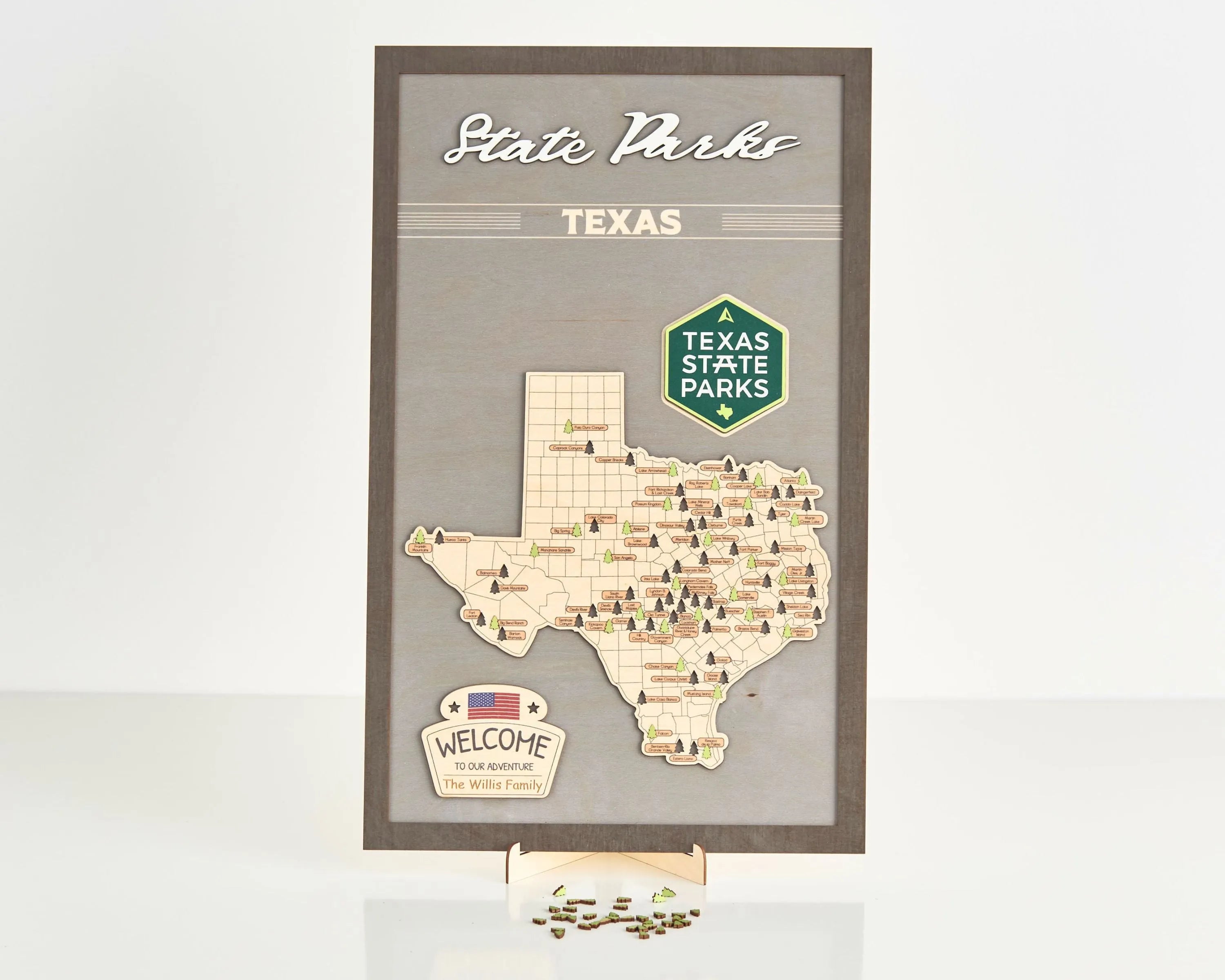 US Wooden Texas State Parks Travel Map With Trees To Record Park Visits (Light Grey)