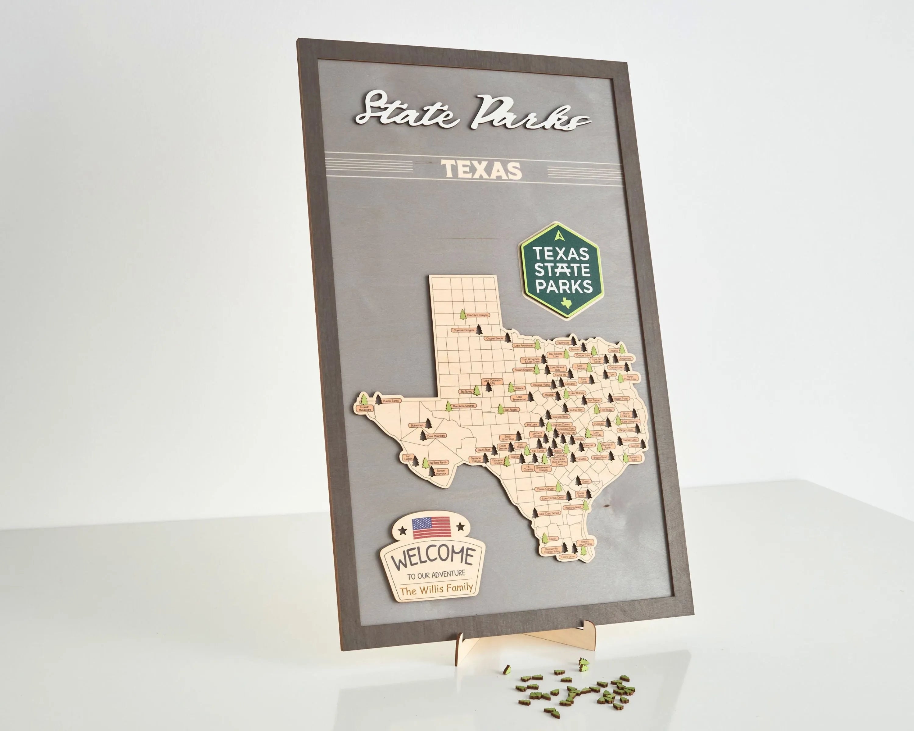 US Wooden Texas State Parks Travel Map With Trees To Record Park Visits (Light Grey)