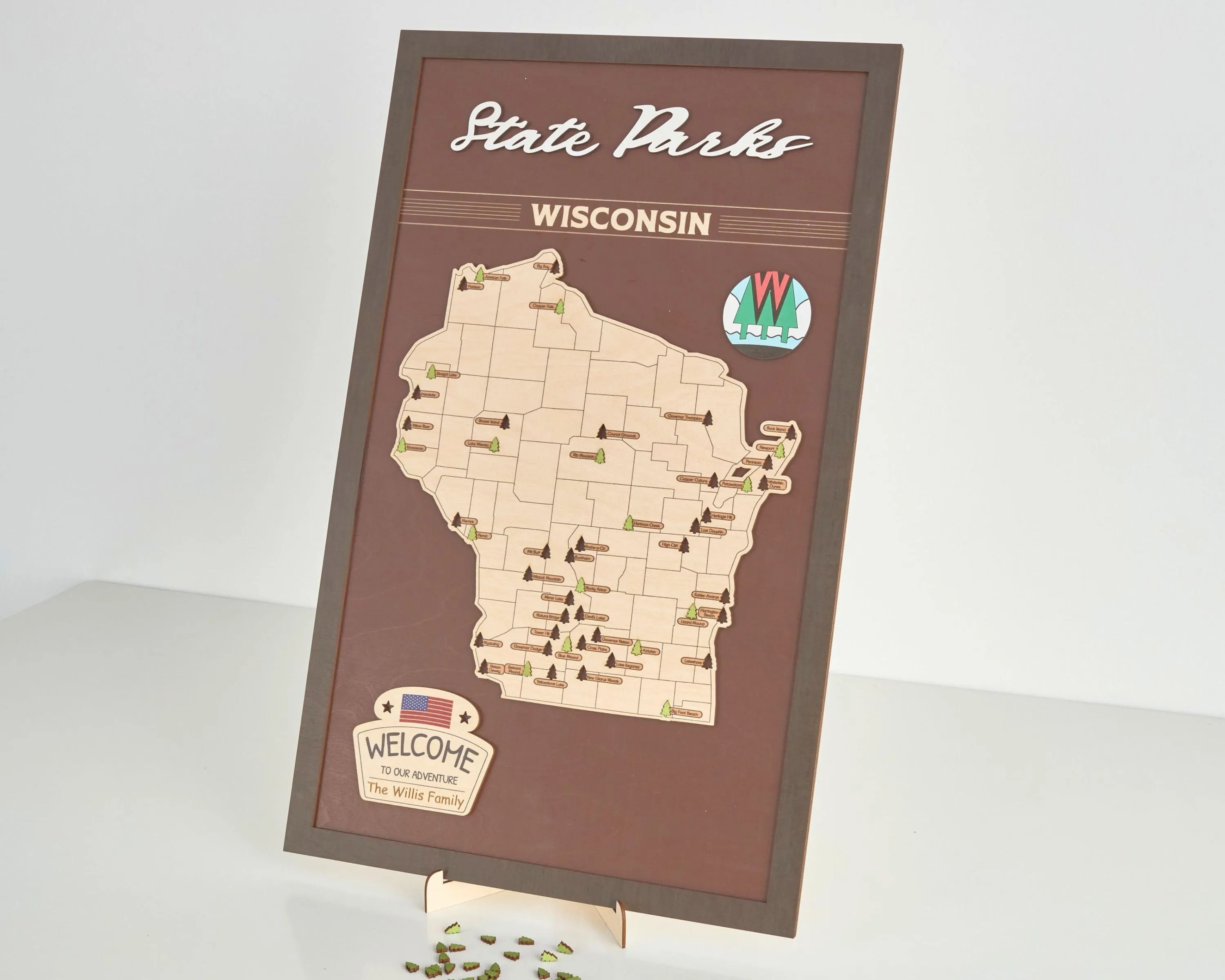 US Wooden Wisconsin State Parks Travel Map With Trees To Record Park Visits (Coffee)