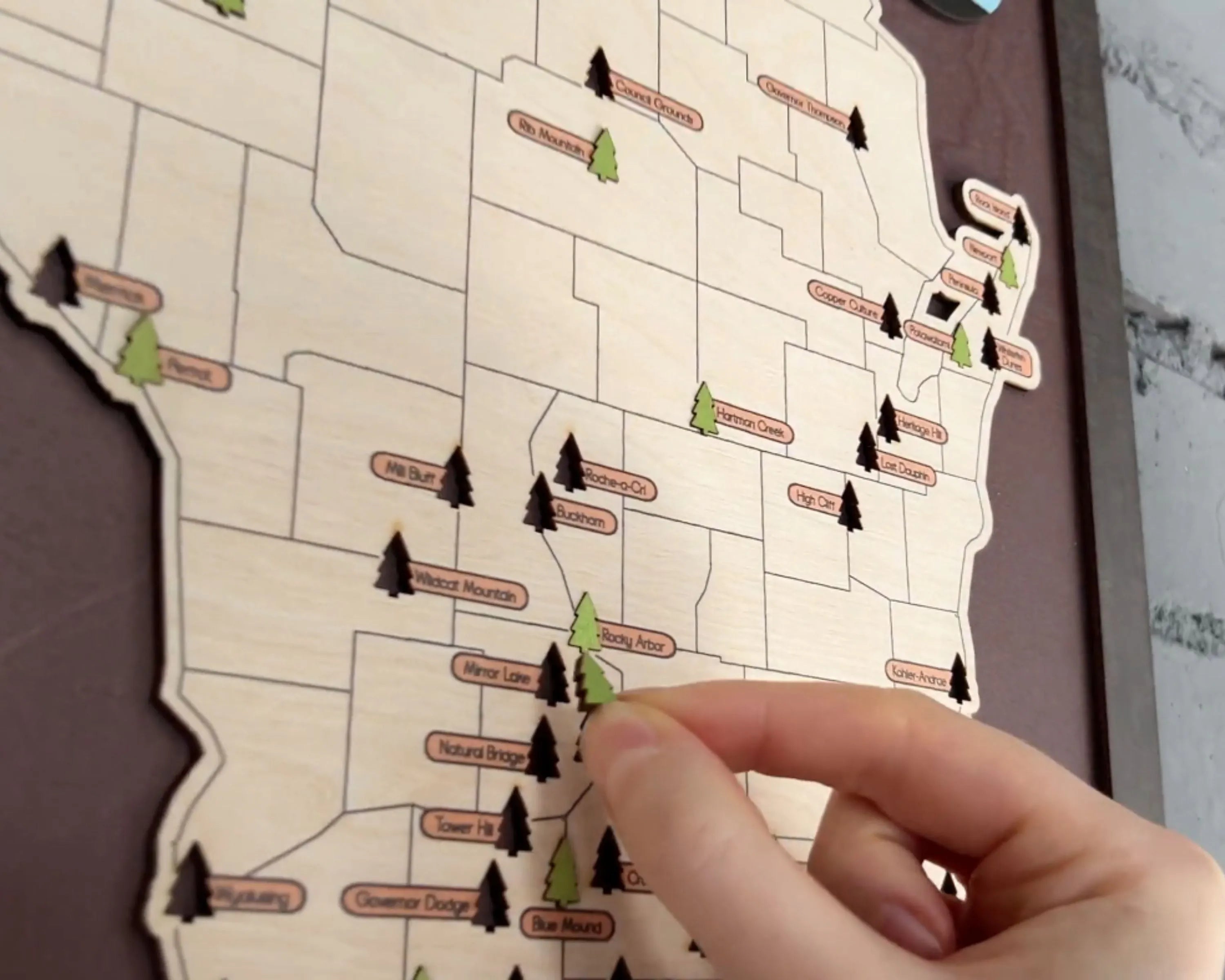 US Wooden Wisconsin State Parks Travel Map With Trees To Record Park Visits (Coffee)