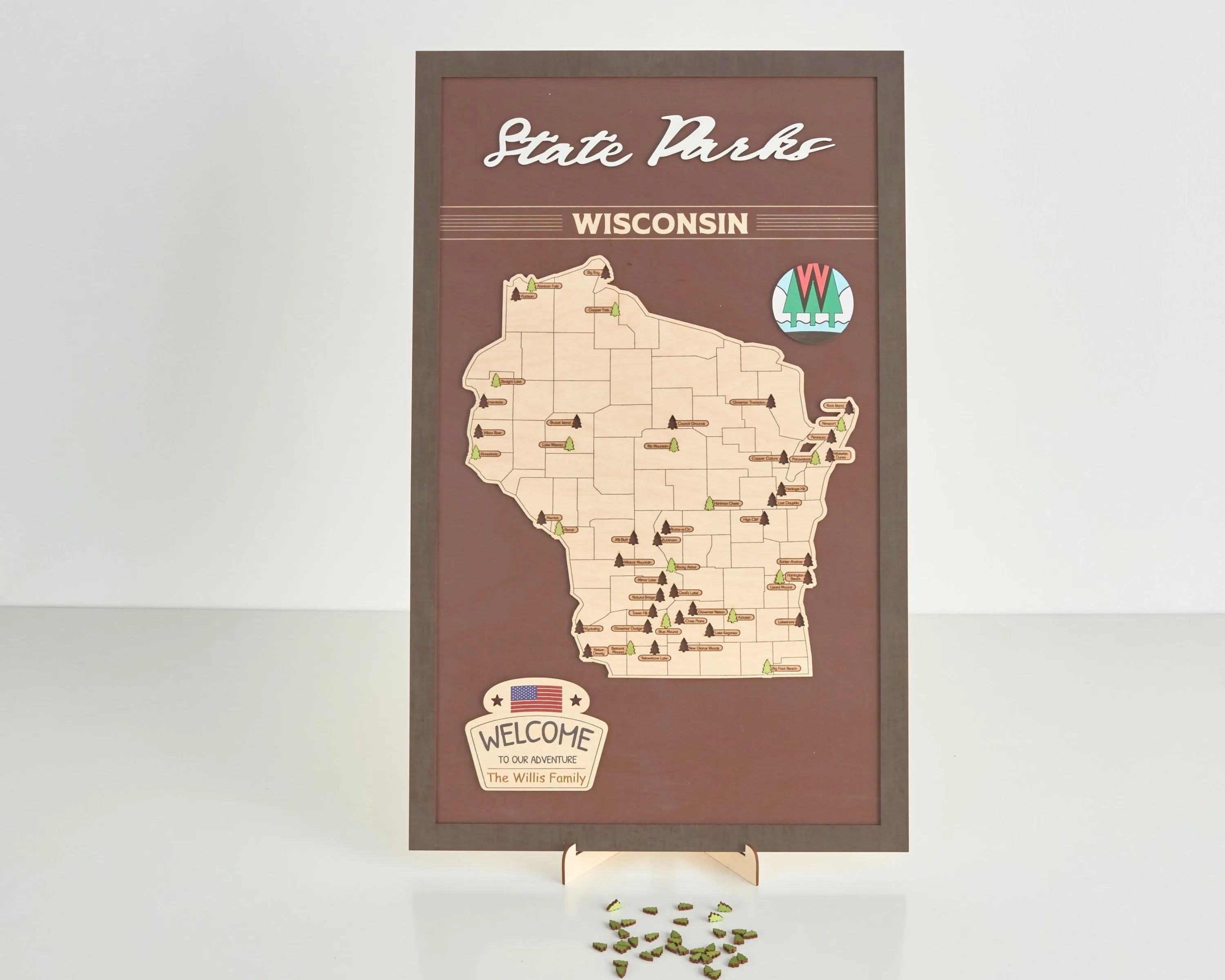 US Wooden Wisconsin State Parks Travel Map With Trees To Record Park Visits (Coffee)