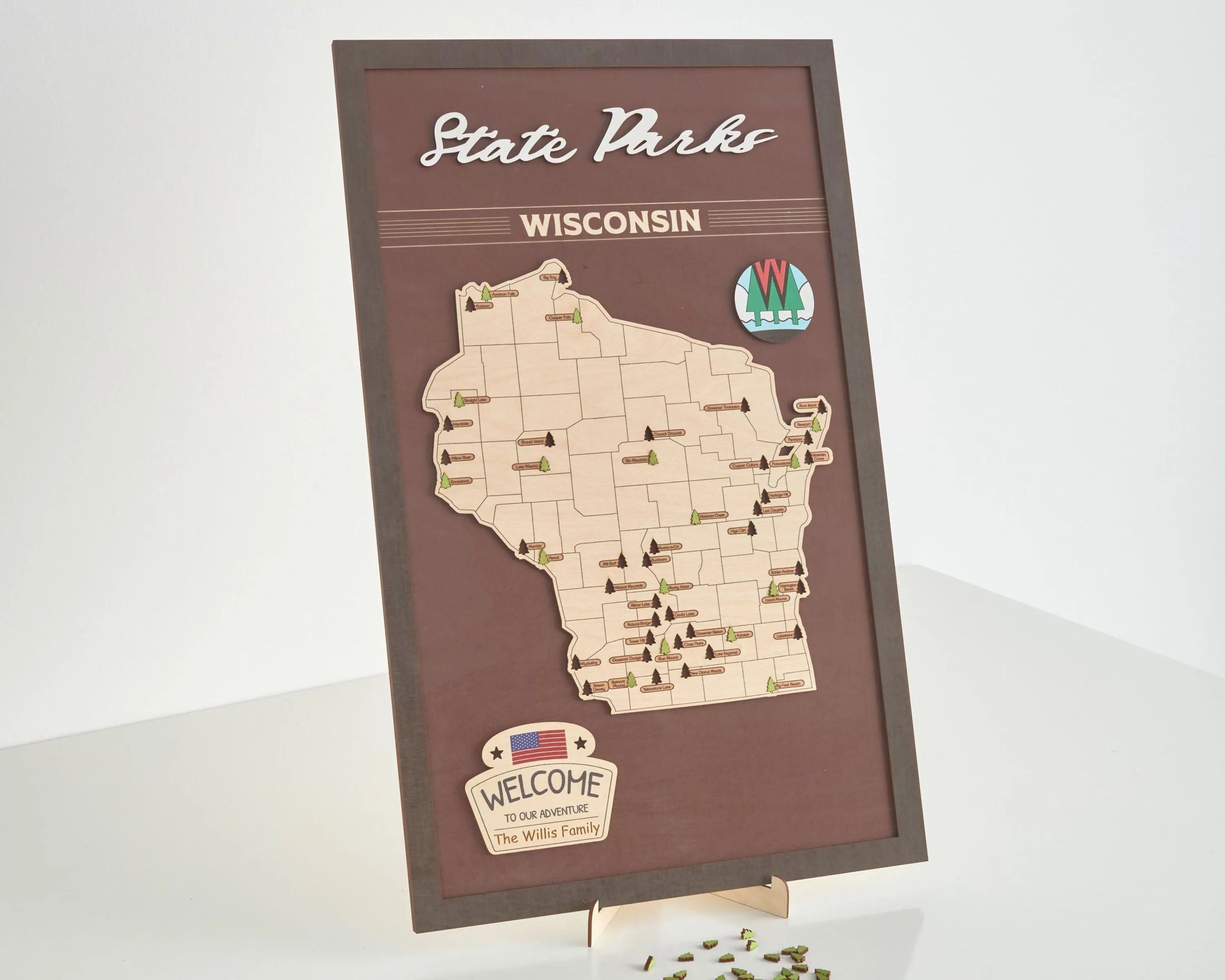 US Wooden Wisconsin State Parks Travel Map With Trees To Record Park Visits (Coffee)